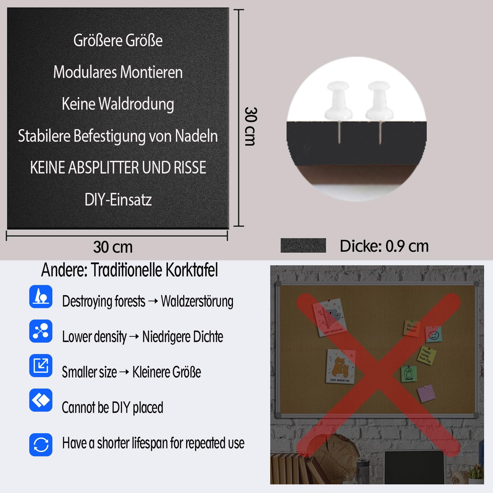 Große Pinnwand 89,9 x 59,9 cm, schwarze Korktafel, 6 Stück Korktafeln für Wände mit 24 Reißnägeln, Pinnwand & Vision Board für Home Office, Studentenwohnheim, Kreativstudio