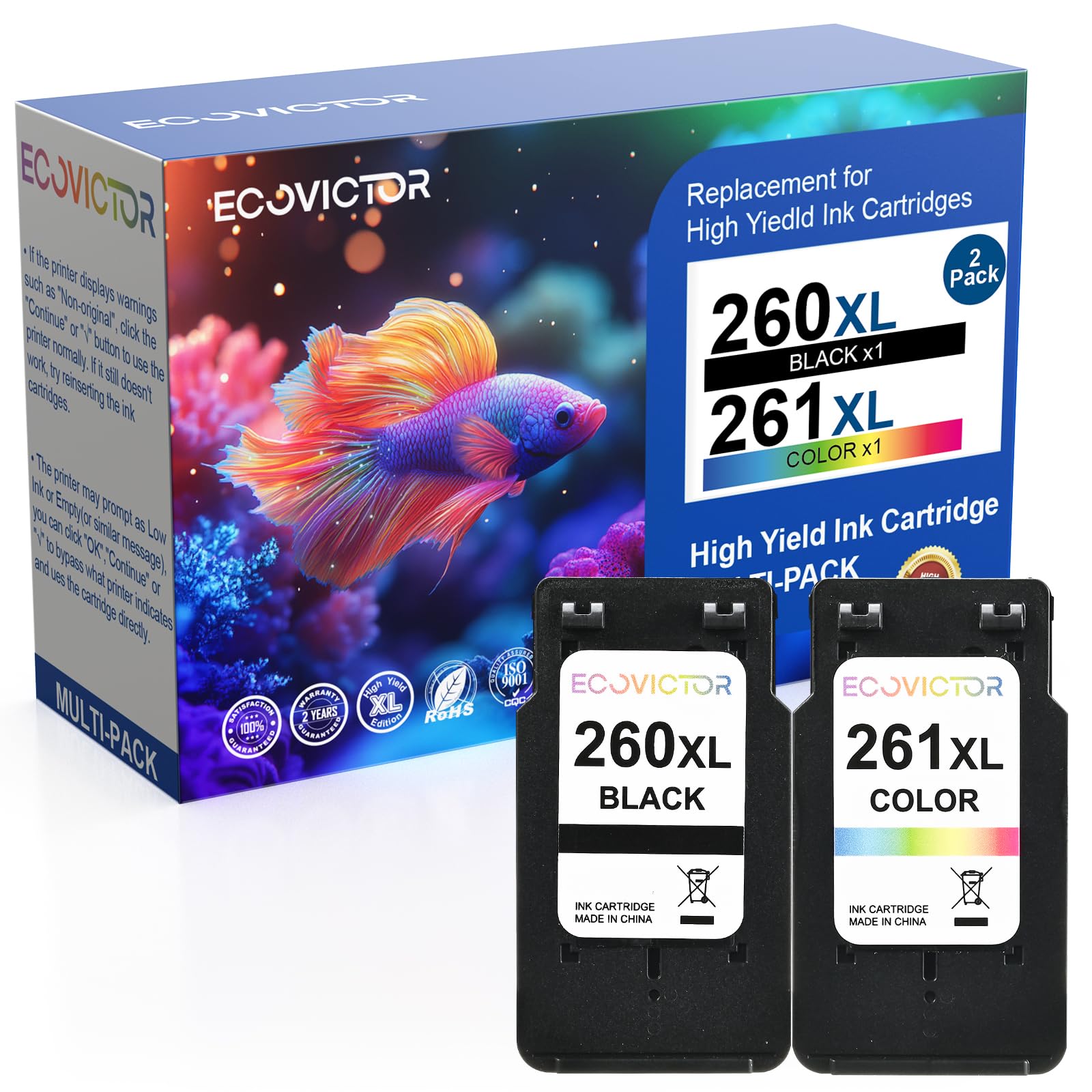 Eco Victor Certified Sustainable Ink Cartridge Replacement for Canon 260 261 260XL 261XL PG-260 CL-261XL Black and Color Combo 2 Pack Compatible for