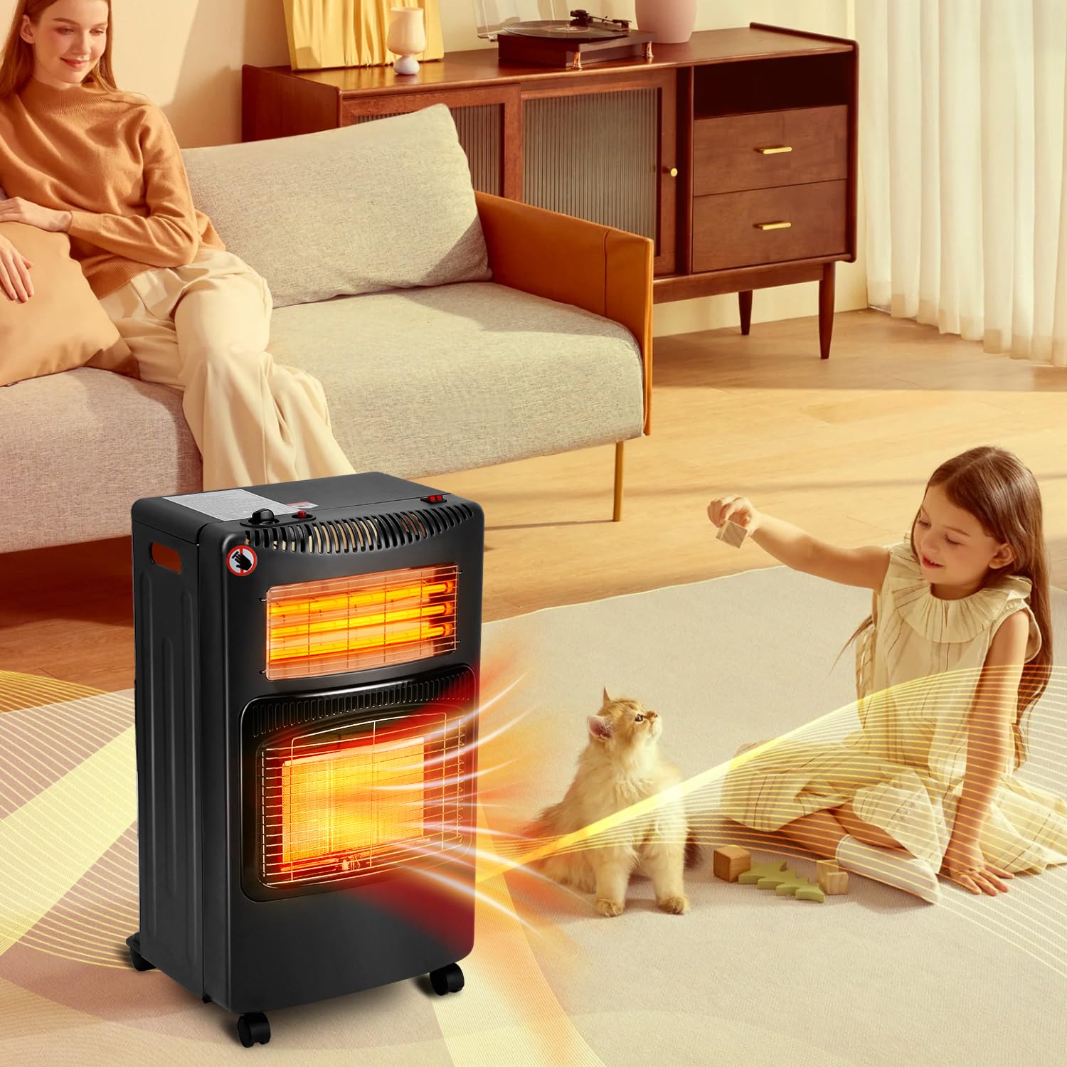 Eulenke Gasheizung für Innenräume, 4200w Keramik Gasheizer + 1260w Infrarot Heizstrahler inkl. Gasdruckregler & Gasschlauch, 3 Heizstufen Gasofen, Butan- oder Propangasflaschen bis 15kg