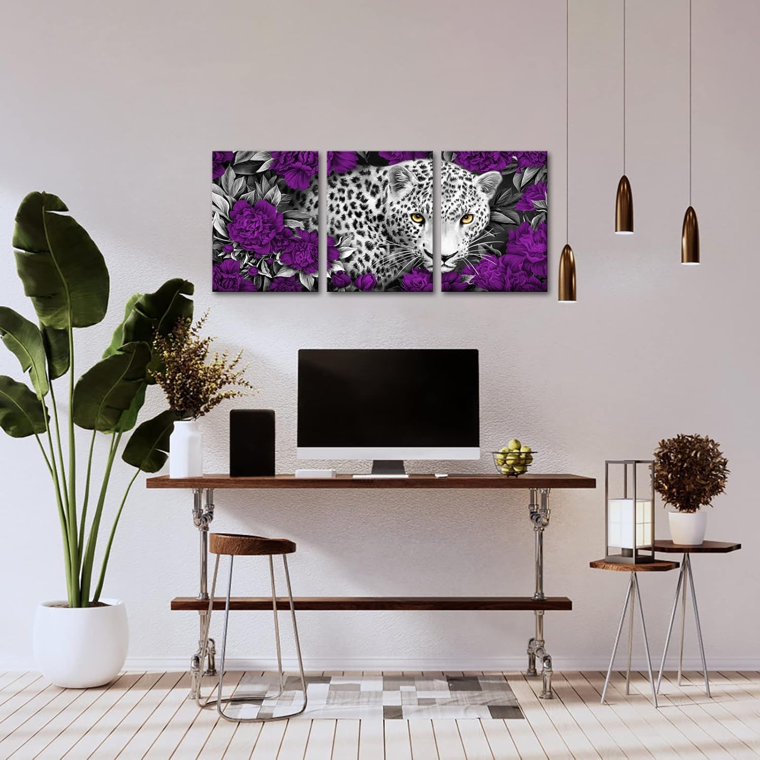 Visual Art Decor Purple Room Decor Leopard & Purple Flowers Floral Wall Art Cheetah Decor Picture Framed Artwork for Walls 3 Piece (12x16inchx3 Pieces)