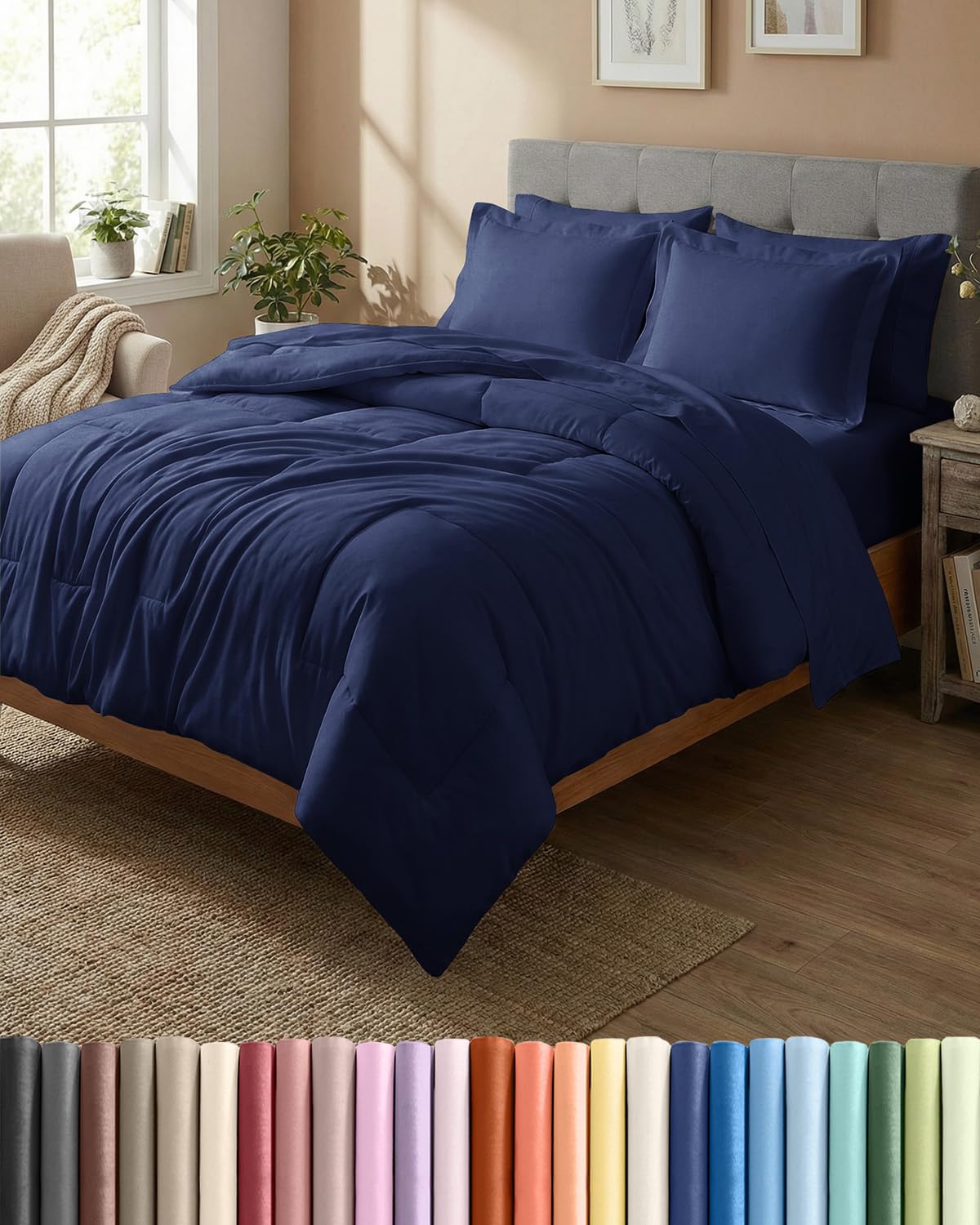king comforter set - 7 piece bed in a bag king size bed set - down alternative comforter, flat sheet, fitted sheet, pillowcase & shams for all seasons - ultra soft, comfy and breathable - navy blue