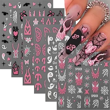 Halloween Nail Stickers, 12 Sheets Butterfly Flowers Bat Ghost Spider Spider Web Halloween Nail Art Stickers Decals Self-Adhesive DIY Manicure Supplies Black+White+Pink