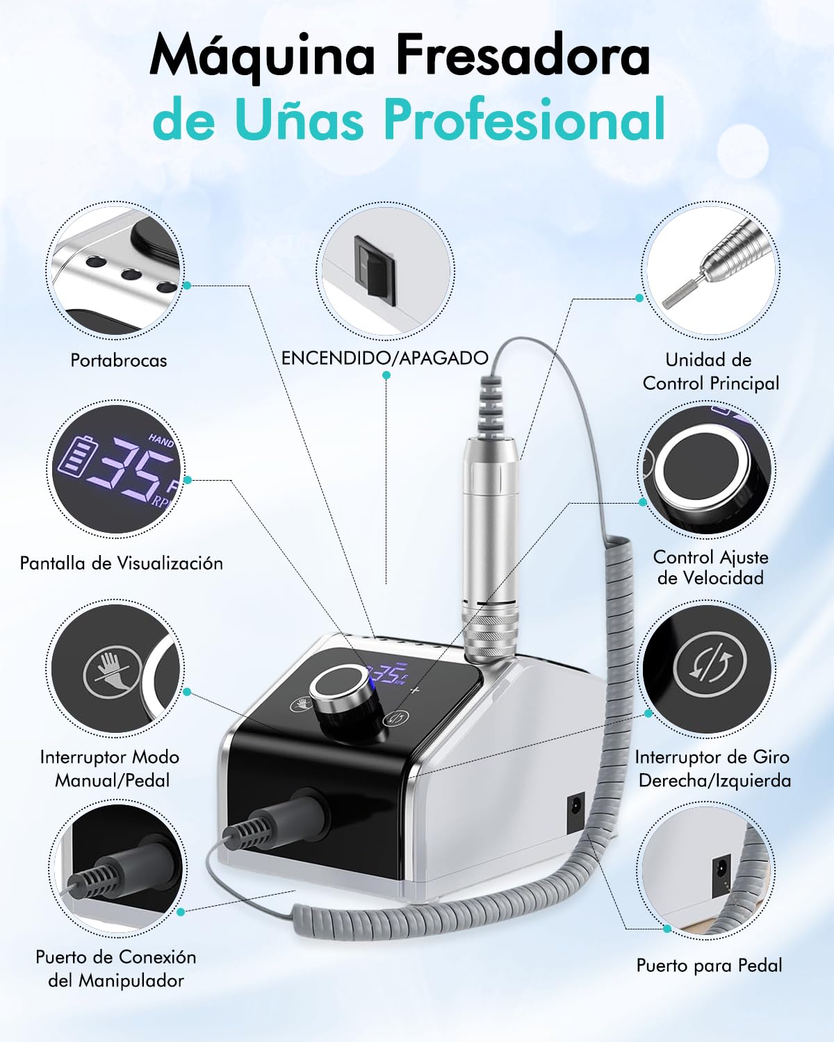 CozyZen Máquina de Taladro de Uñas Eléctrico Profesional, 35000 RPM con Pantalla LCD, Control Manual/De Pedal y Funcionamiento Silencioso, para Uñas Acrílicas/Gel - Uso en Hogar y Salón（Blanco）