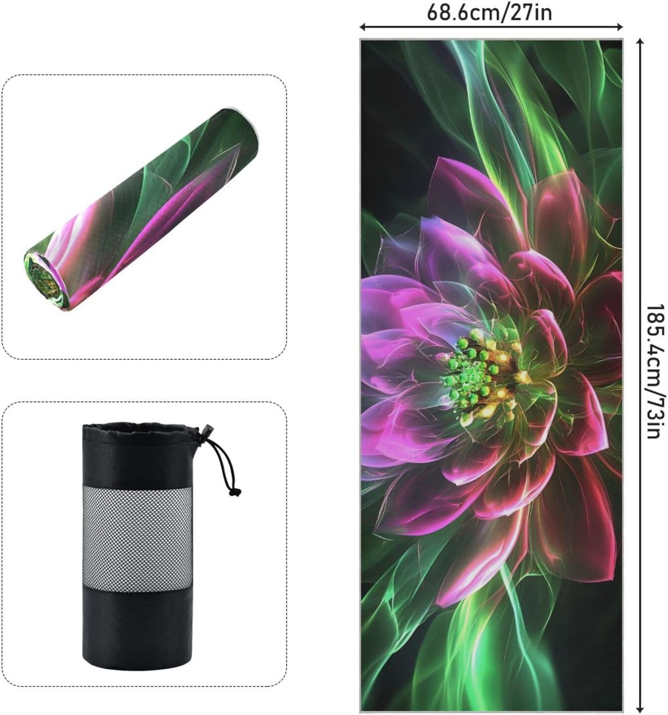 Yoga Mat Towel with Silicone Grip Dot Floral Green Purple – 73"x27" Non-Slip Sweat Absorbent Microfiber Yoga Towel for Home Gym Studio