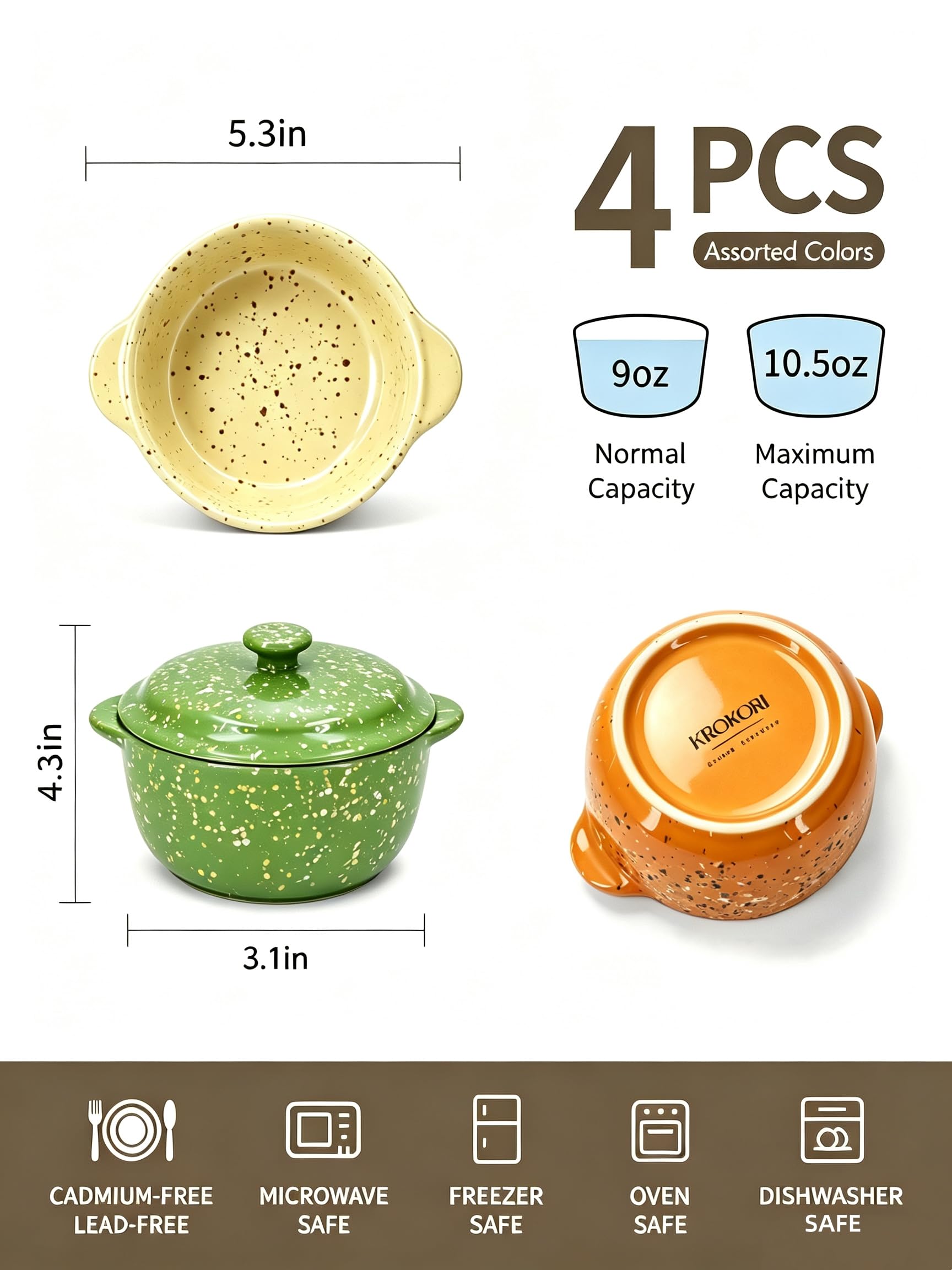Juego de 4 mini cocotte de cerámica para horno, cacerola pequeña de 9 onzas con asas y tapa, olla individual para servir soufflé, sopa, adoquines, moldes de gres para hornear, color verde
