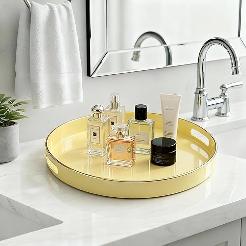 Miniatura 2 de Zosenley Bandeja decorativa, bandeja redonda de plástico con asas, moderna bandeja de tocador y bandeja para servir otomana, mesa auxiliar, cocina y