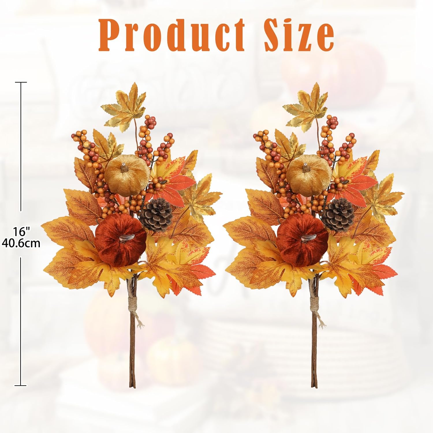 Briful 2Pack 16in Fall Picks and Sprays with Velvet Pumpkins Pinecones Berries Maple Leaves Artificial Fall Floral Branches Stems for Vases Autumn Table Centerpieces Seasonal Home Decor - Image 2
