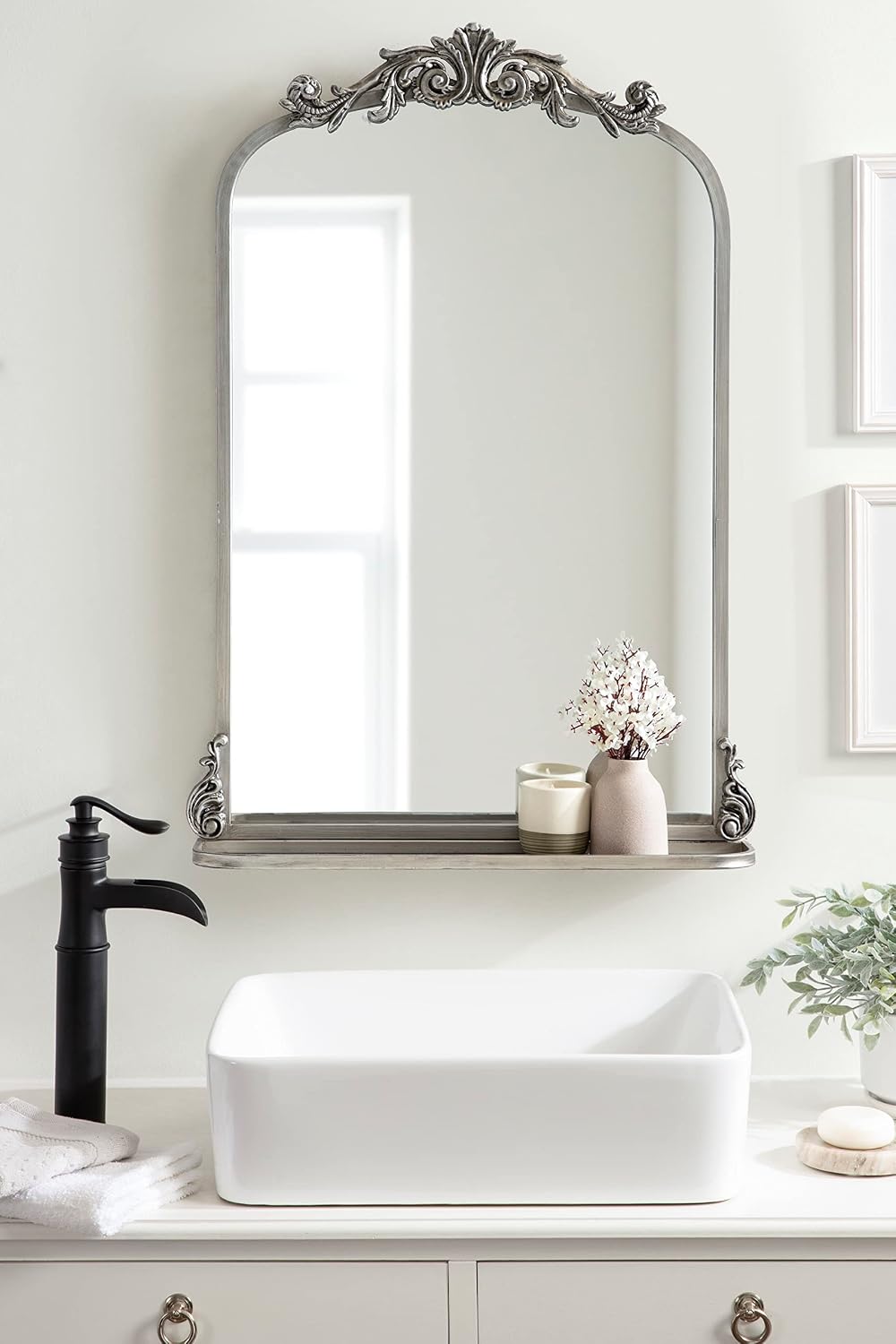 Kate and Laurel Arendahl Traditional Vintage Arch Mirror with Shelf, 21 x 32, Silver, Baroque Antique Arched Wall Mirror with Functional Shelf and Ornate Frame