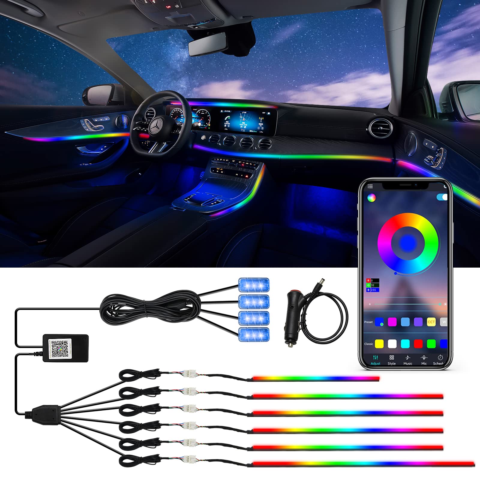 Callsky Symphony LED Multicolor Car Interior Light - Ambient Fiber Optic Accessories With APP Music Control for Universal Vehicle Decoration - Acrylic Atmosphere Lights (10 in 1)