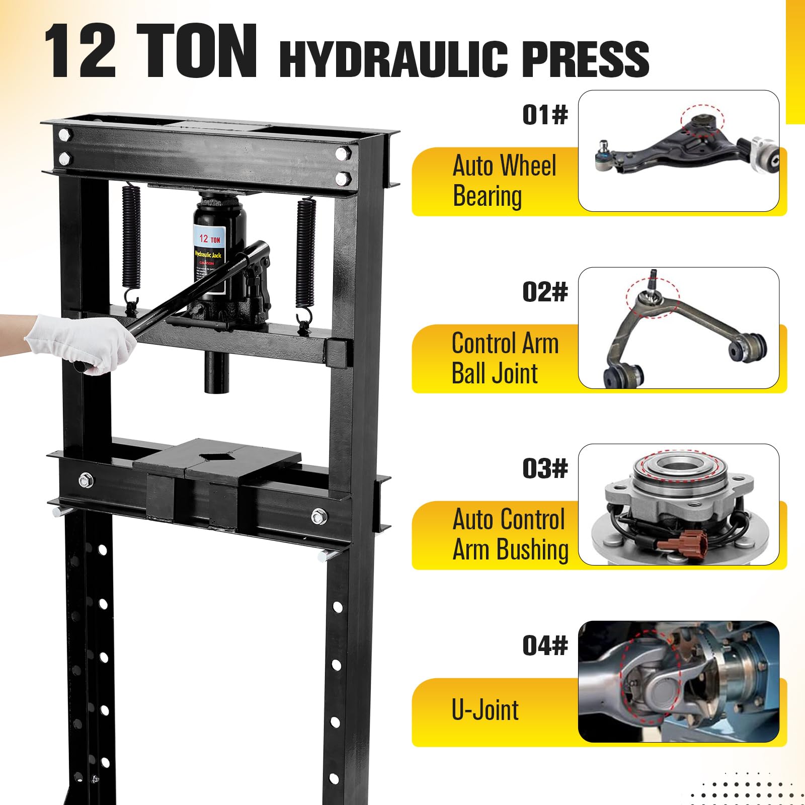 12 Ton Hydraulic H-Frame Press | Garage Shop Press With Adjustable Table & Safety Valve