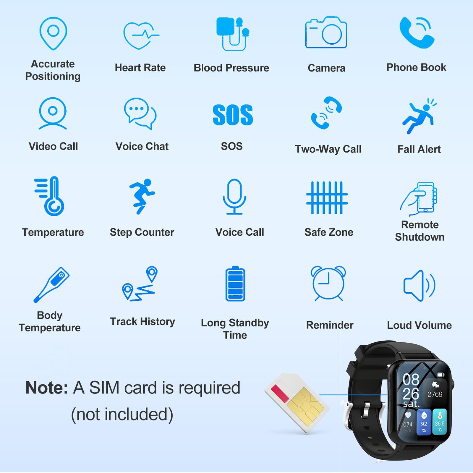 Reloj Inteligente para Personas Mayores Que Previene Caídas | Detección De Caídas | Alarma De Emergencia SOS | Rastreador GPS | Videollamadas HD | Recordatorios De Medicación Black