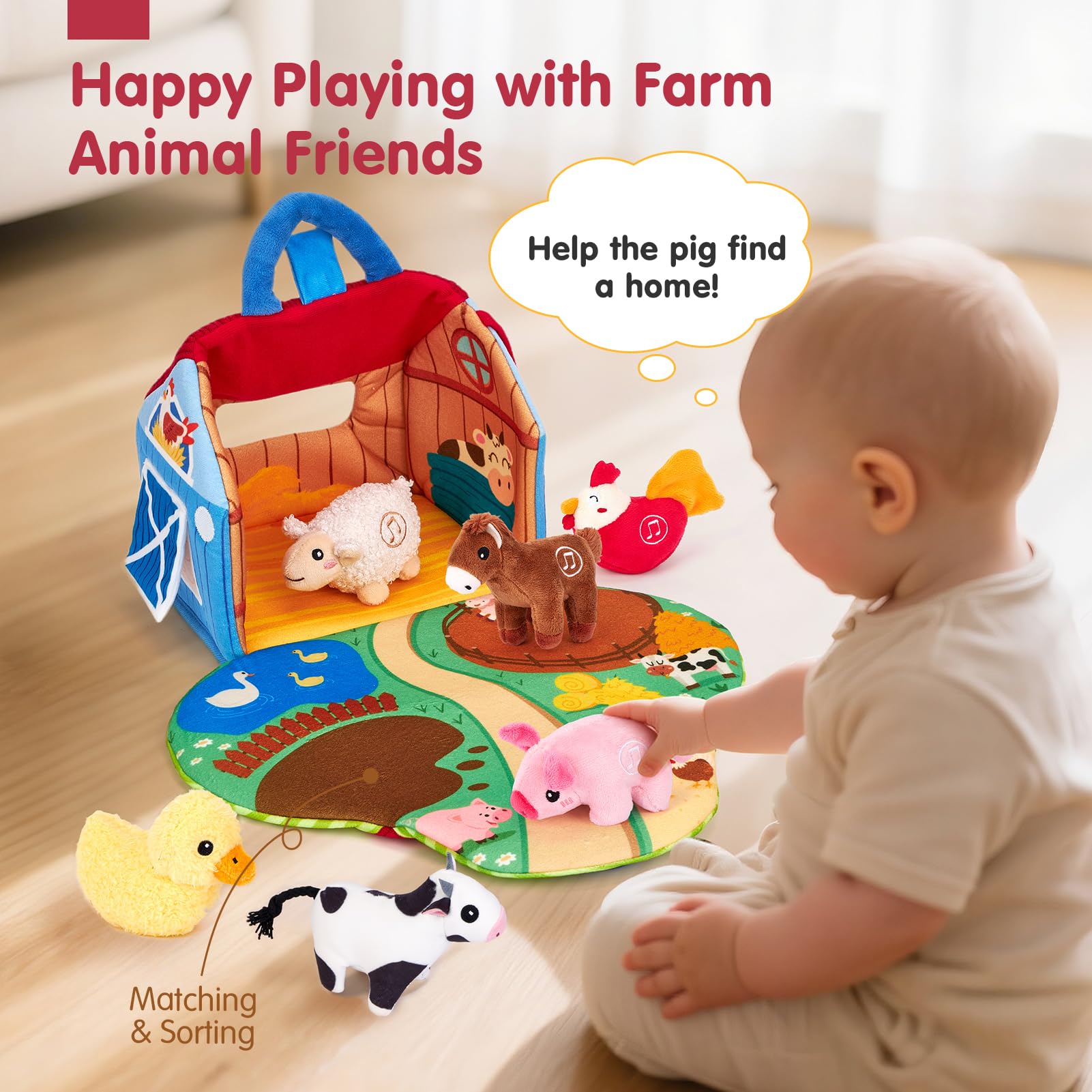 hahaland Giochi Bambini 1 Anno - Fattoria Sonora in Peluche, con 6 Animali Morbidi e Suoni Realistici, Gioco Educativo Bambino Montessori Sensoriale Regalo 6 12 18 Mesi