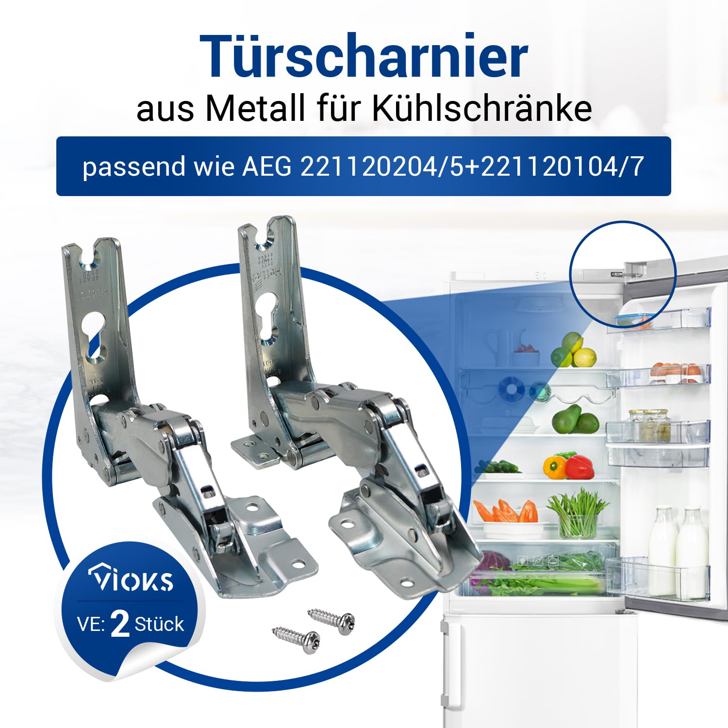 VIOKS Set di cerniere per porta da incasso a sinistra e in basso, ricambio per AEG 2211202045 + 2211201047 Küppersbusch 431624 + 431625 per porta Electrolux frigorifero