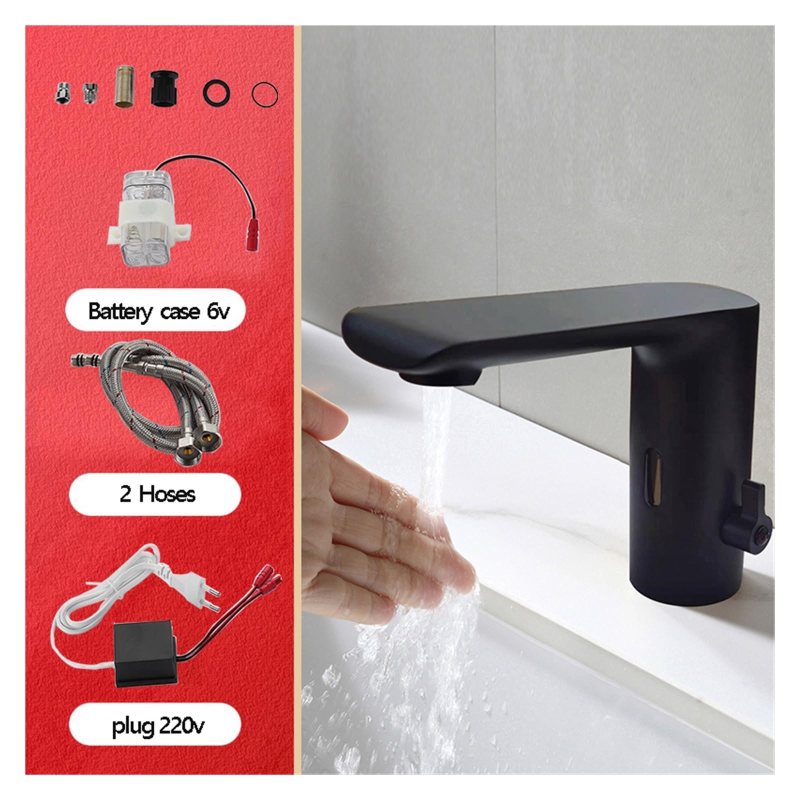 Negro Black Induction Smart Lavabo Robinet Robinet Corps Laiton Cuivre Mélangeur Eau Froide Chaude AC 220 Puissance Économie de Batterie 6 V
