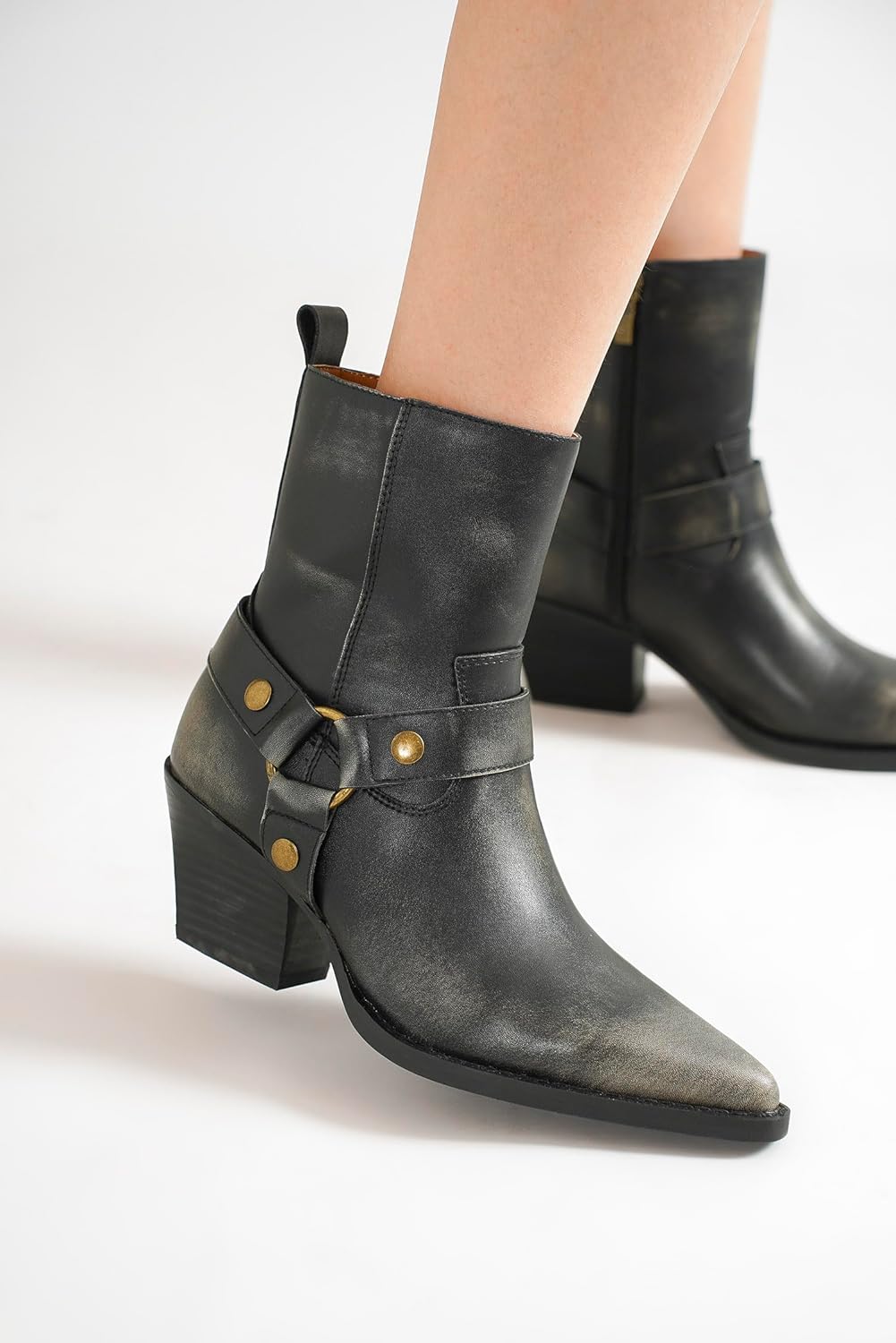 Women's Western Harness Boots Ankle Boots Vintage, Casual & Versatile, Daily Party Stacked Block Heel Boots Cowgirl Boots Pointed Toe Boots Side Zipper for All Seasons