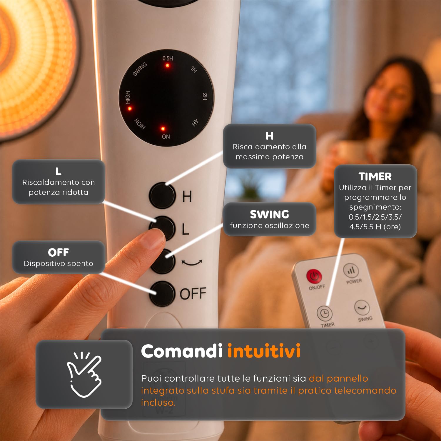 Avilia – Stufa Elettrica a Parabola con Elemento al Carbonio 550/1100W, Timer, Telecomando e Oscillazione per Riscaldamento Casa Rapido e a Basso Consumo Energetico