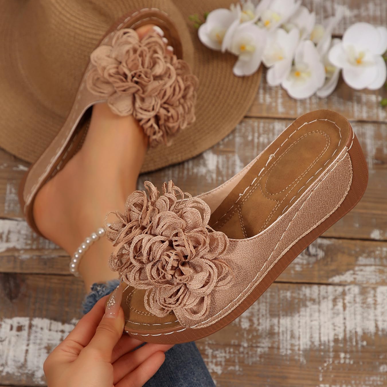 Women's Dressy Flower Wedge Flat Sandals Round Open Toe Platform Slides Summer Beach Comfortable Boho Shoes Flats Sandal