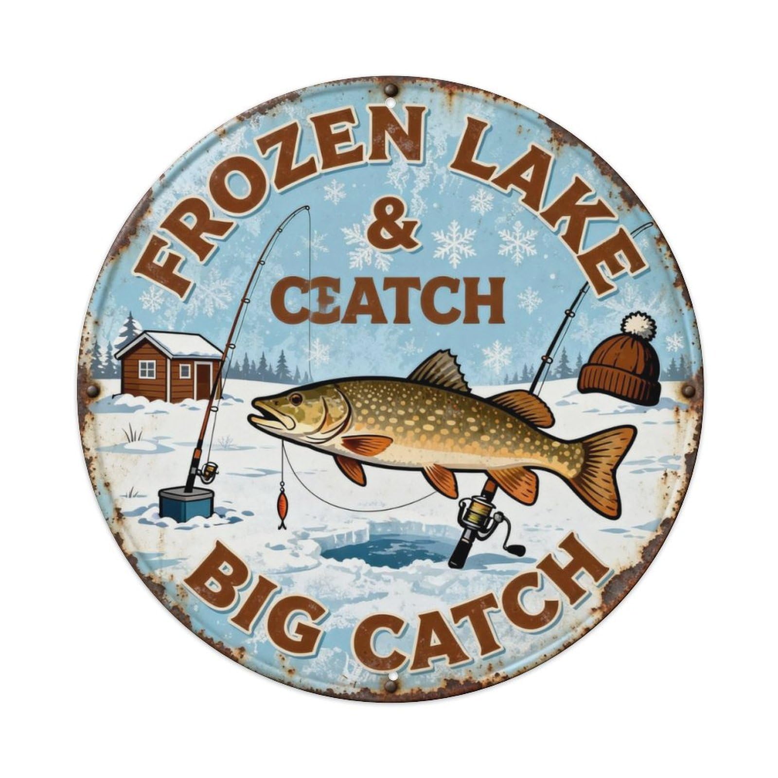 FROZEN LAKE & BIG CATCH Metal Tin Sign Plaque