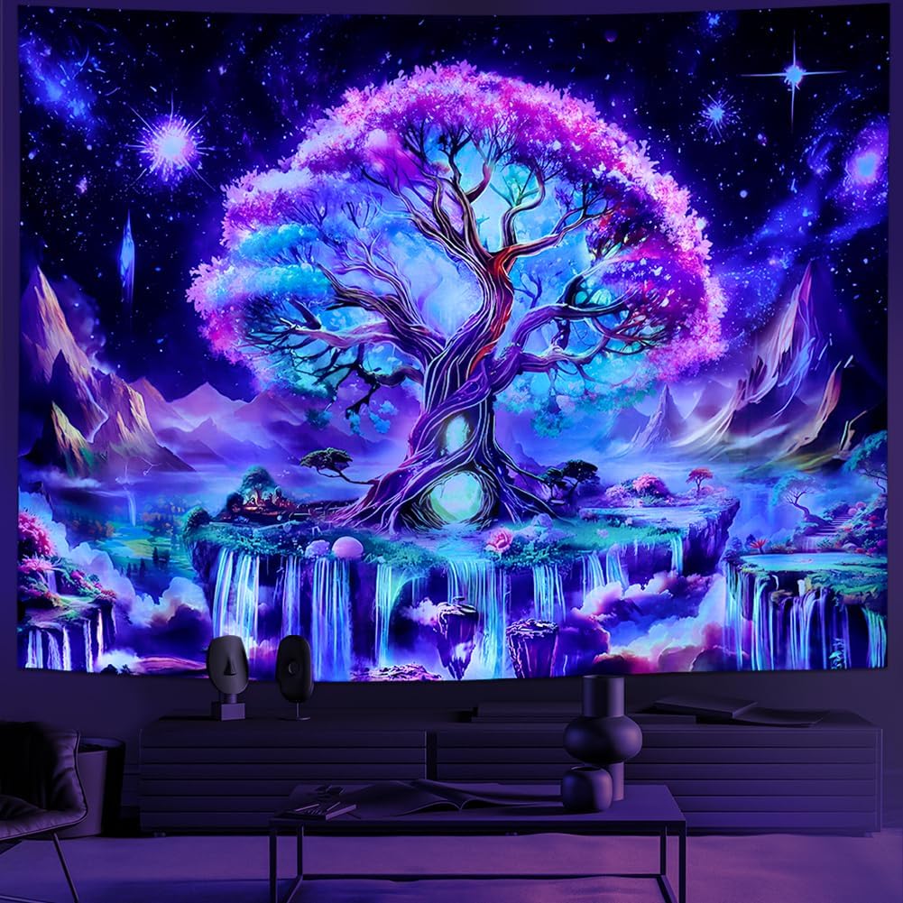 Huzuya Tree of Life Tapestry Blacklight Aesthetic Tree Tapestry UV Reactive Galaxy Space Tapestries Fantasy Waterfall Wall Tapestries Colorful Starry Sky Wall Hanging Decor for Home