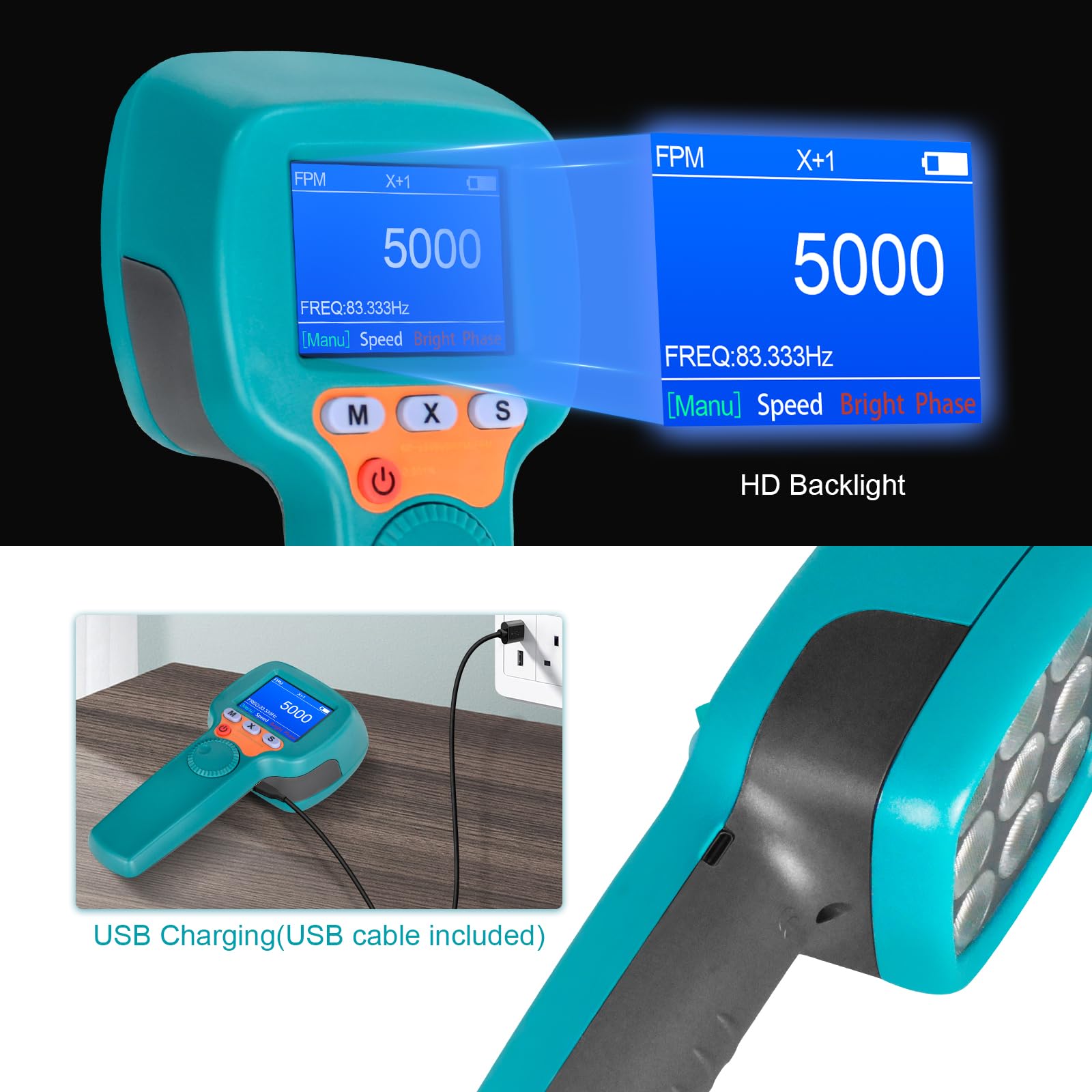 Stroboscopio Digitale Portatile 60-99999 FPM, Stroboscopio LED Senza Contatto YF-DT100B, Tachimetro Stroboscopico da 1500 Lux con Display LCD a Colori, Tachimetro Stroboscopico 2200 mAh