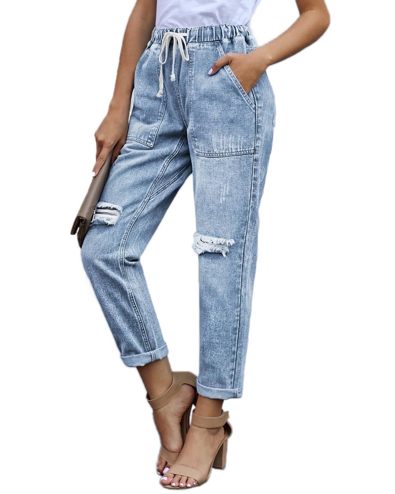 Alaster Queen Jeans Jeans Boyfriend da Donna Jeans a Vita Alta Allentati da Donna Blu Chiaro XL