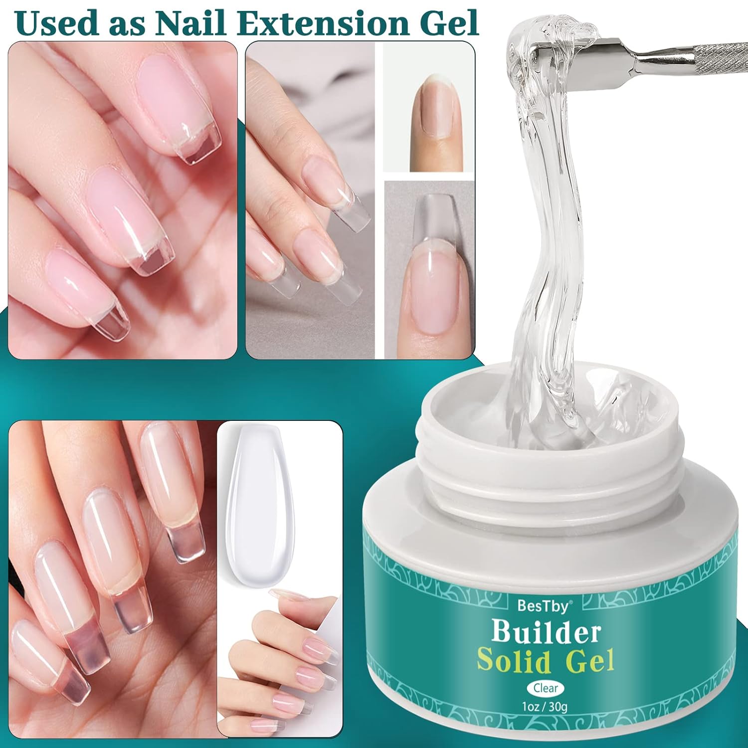 BesTby Solid Builder Nail Gel - Solid UV/LED Clear Nail Extension Gel, Easy to Operate and Shape, Non-Sticky Hand Solid Builder Nail Gel for DIY 3D Sculpture Modeling Nails, Gel Solido Para Uñas Nail Art Supplies (1oz/30G) : Beauty & Personal Care