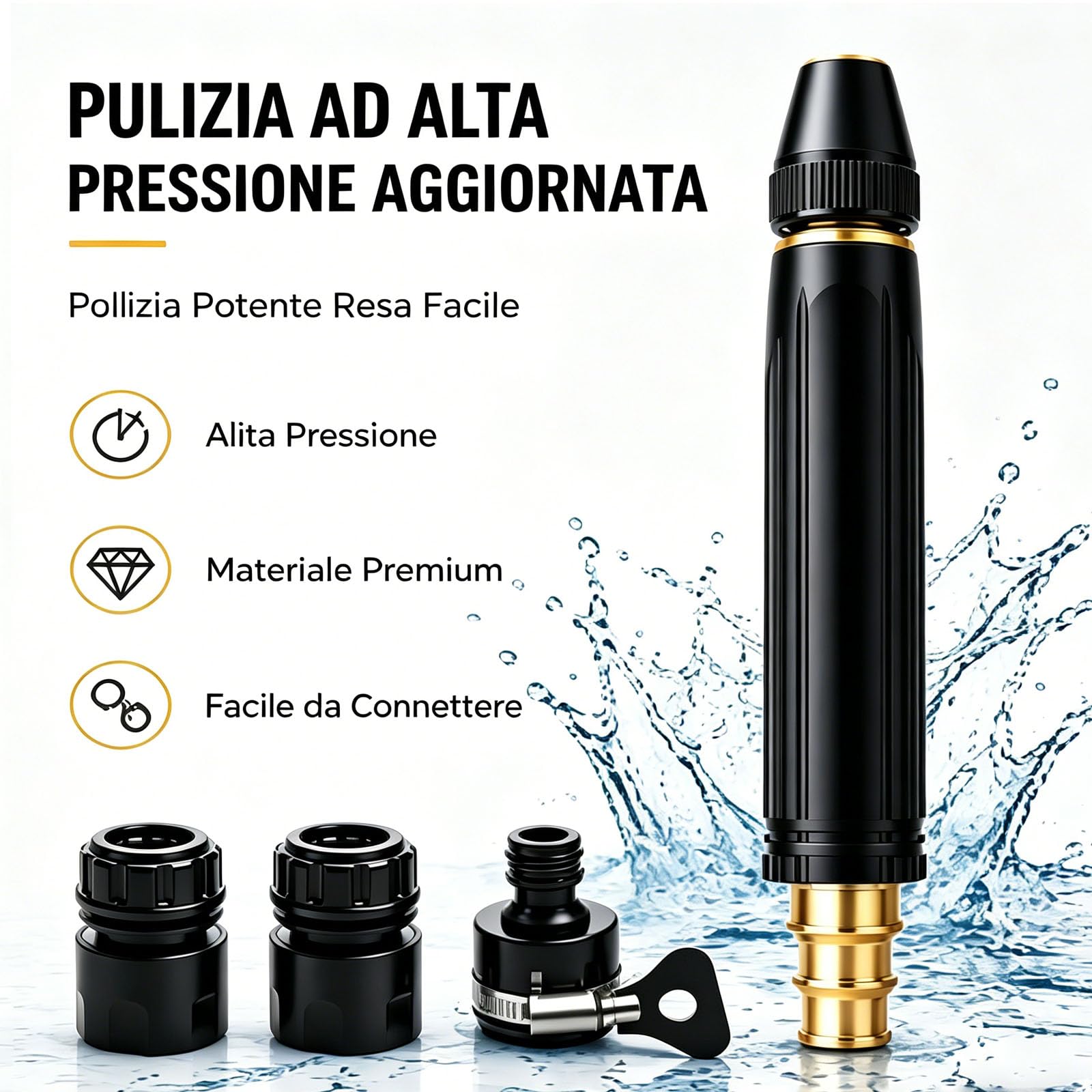 Ugello per tubo ad alta pressione a 360°, con ugello di rinforzo e 2 fascette stringitubo, 3 tipi di getto, 10 volte potente pistola ad acqua per la pulizia dell'auto (2PCS-A)