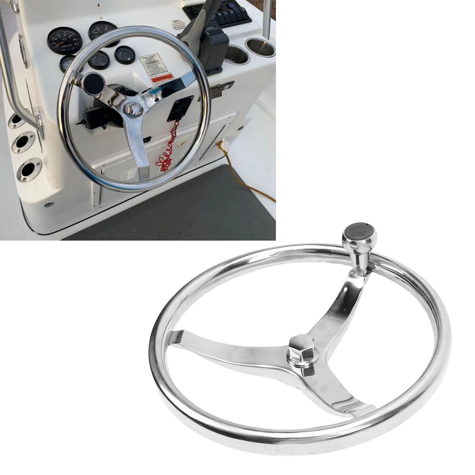 Gugxiom Koło Kierownicze ze Stali Nierdzewnej, 3 Przemówienie o średnicy 13-1/2 "z gałką Spinner, z nakrętką 5/8" -18 dla i Verado, Wygodne Uchwycenie