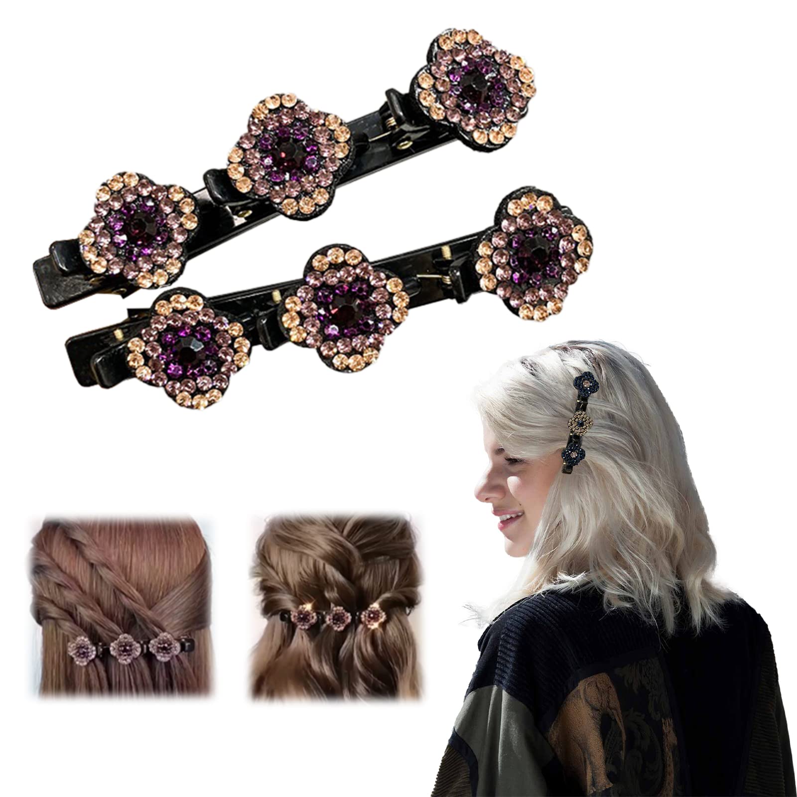 Sparkling Crystal Stone Braided Hair Clips, 2PCS Rsvelte Rhinestone Hair Accessories for Women, Girls, and Kids - Satin Fabric Hair Bands with