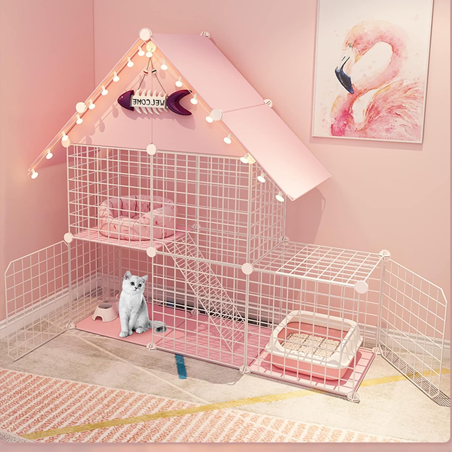 2Tier Large Cat Cage with Two Doors, Cat Houses for Indoor Cats, with Roof