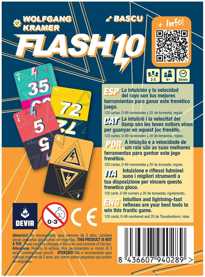 Devir - Flash 10 Card Game, Fast-Paced Real-Time Card Game with Number Sequencing & Set Building, Family Party Game, Ages 8+, 2–5 Players, Playtime 20, Multi-Language