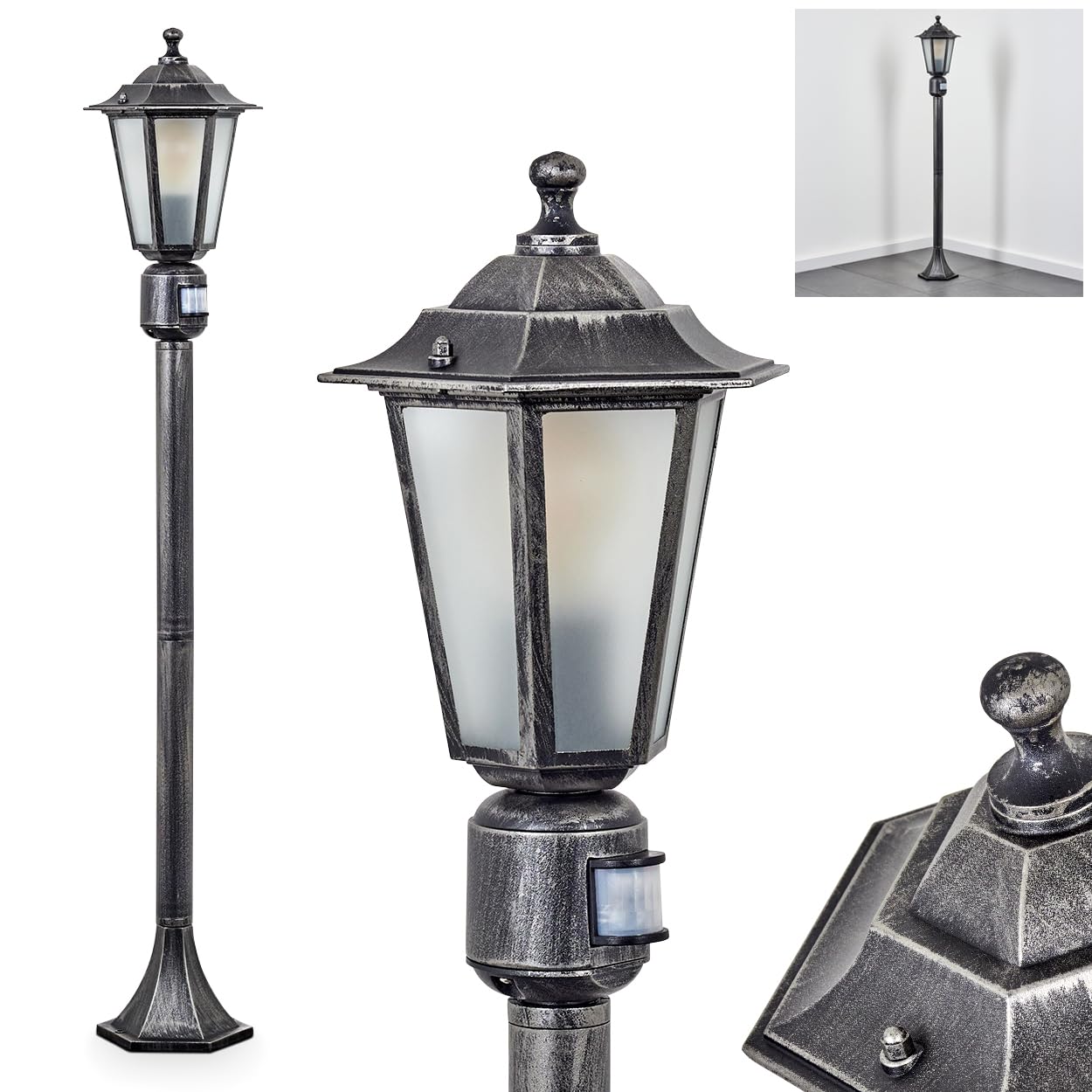 Lampe d'extérieur Loria, avec détecteur de mouvement en métal/verre noir-argenté/blanc, lampe d'extérieur à l'aspect antique, 107cm, lampe de jardin, éclairage de jardin IP44, 1x E27, sans ampoule