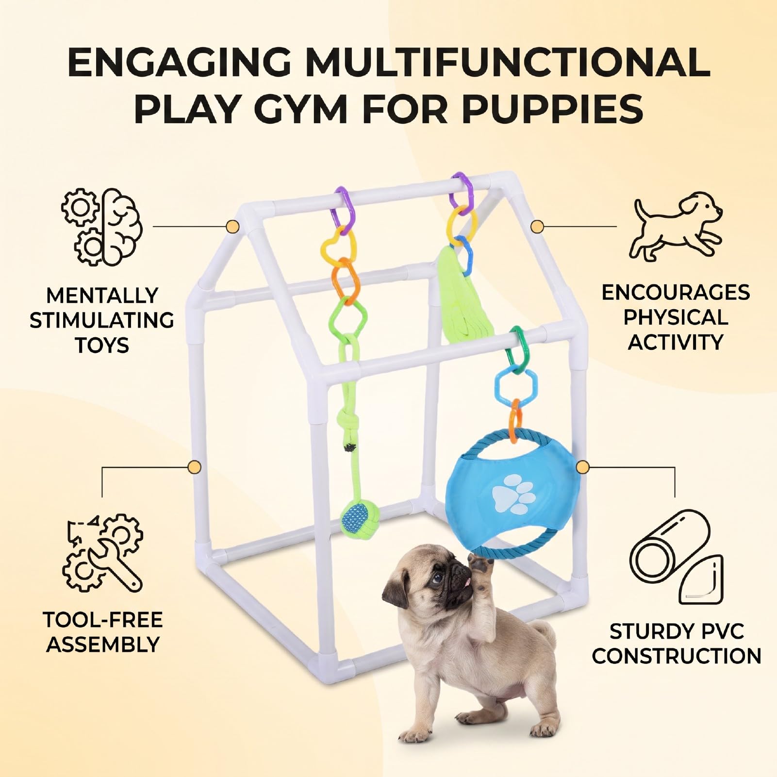 Gimnasio para Perros con Juguetes Colgantes 35x35x35x20 Cm, Marco Extraíble con Juguetes Interactivos para Perros Pequeños, Gatitos para Jugar en Interiores
