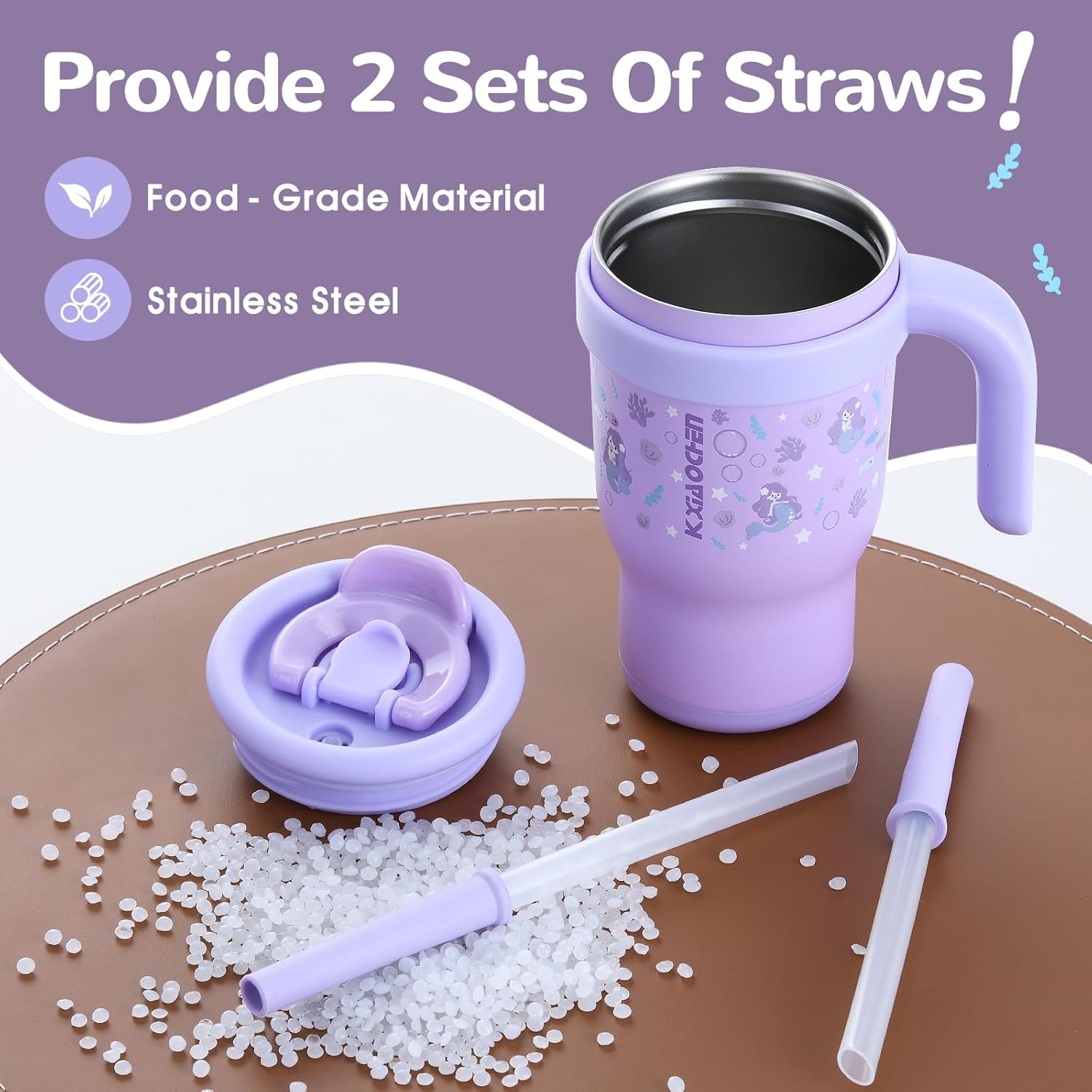 KXIAOCHEN Toddler Tumbler With Straw Spill Proof 14 Oz, Kids Tumbler With Handle Insulated Stainless Steel BPA-Free Keeps Drinks Cold up to 24 Hrs for Travel Cup Holders Outdoors, Purple Mermaid - Image 3