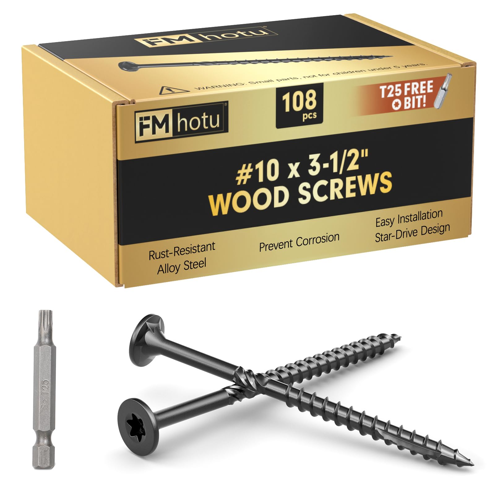 #10 x 3-1/2” Deck Screws, 108Pcs Star Drive Wood Screws, Rust Resistant Timber Screws for Timber/Log/Landscaping Wood, T25 Star Bit Included, Black