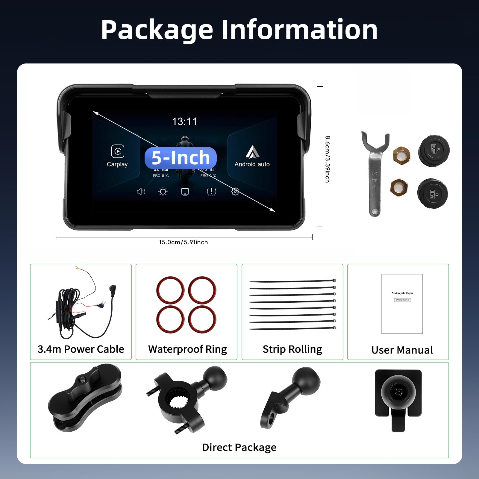 Motorrad Carplay Bildschirm mit Navigation, Tragbarer 5 Zoll Wasserdichter Touchscreen mit Kabelloses CarPlay und Android Auto Motorrad, Bluetooth, EQ, Kalibrierung Berühren