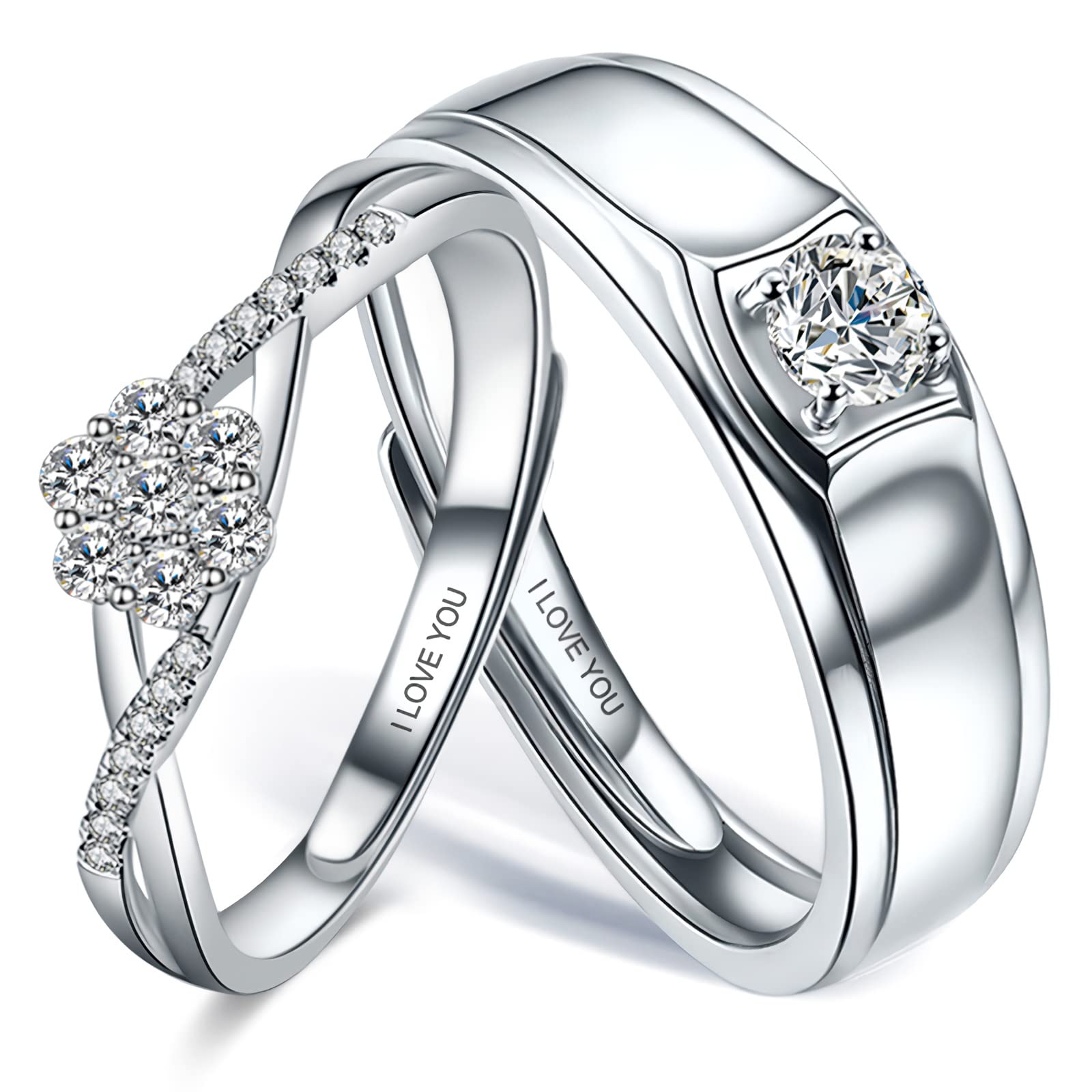 Sunamy Endless Love Matching Couple Rings for Him and Her Set, Adjustable S925 Silver Romantic Heart Design, Engagement Ring