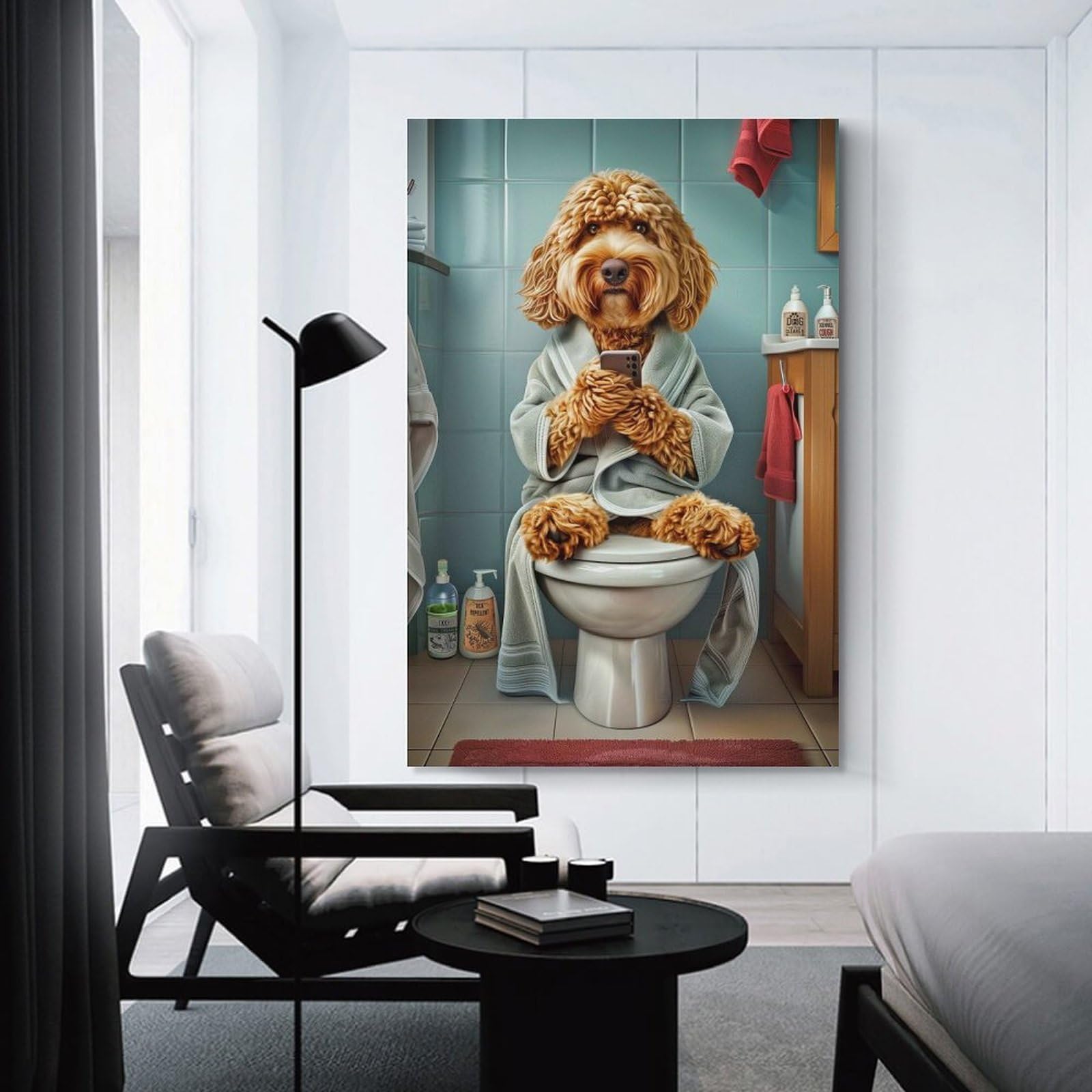 Junmoney Unframe-Style-9 Cockapoo On The Toilet Wall Picture Print, 20X30inch(50X75cm), For Living Room, Bedroom, Office Or Hallway, An Adaptable Decor Piece For Home Use