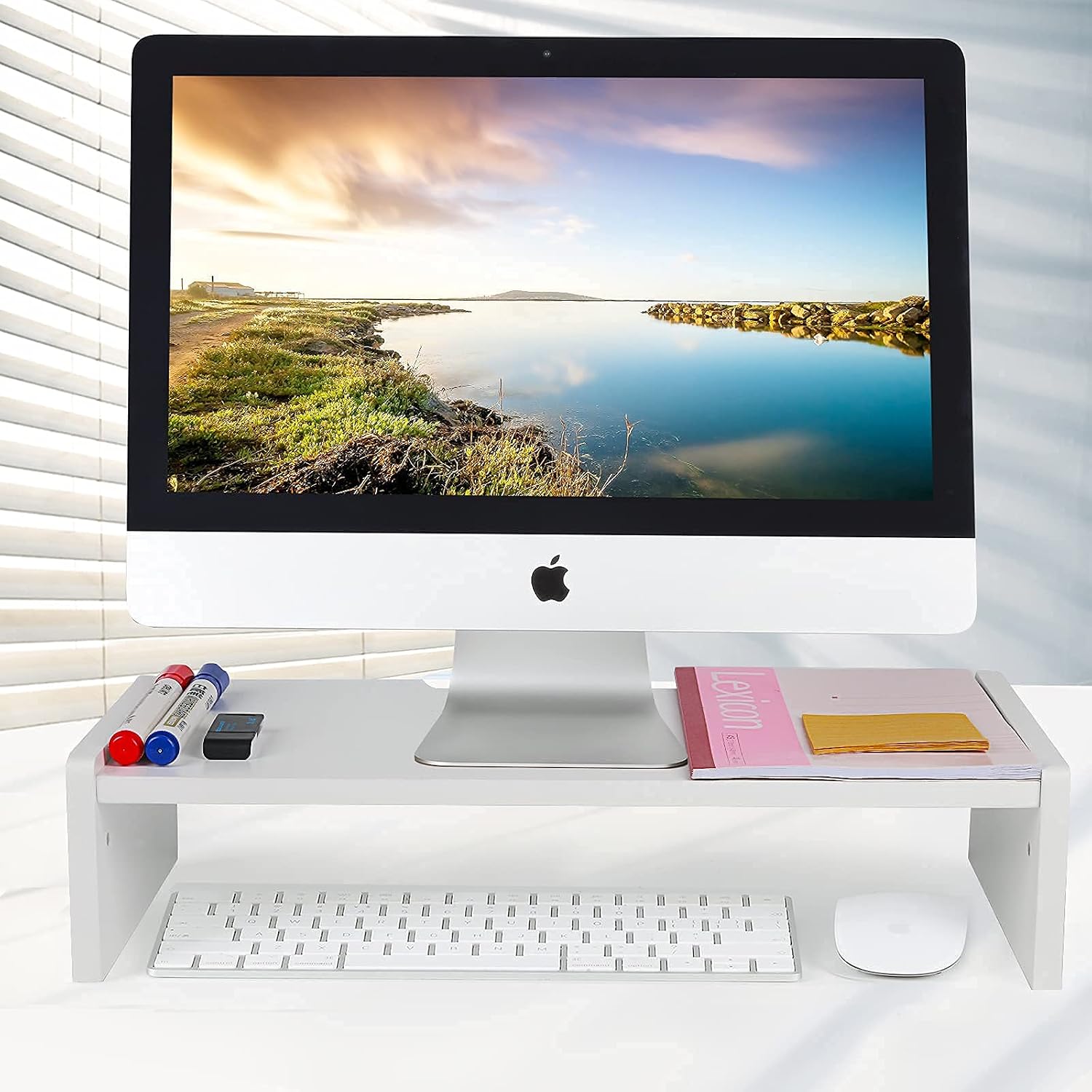 KINLINK Solid Wood Monitor Stand Riser, Monitor Riser with 2 Adjustable Height, 15.8 inch Computer Riser for Computer, iMac, PC, Printer, Computer Monitor Stand for Home & Office, White image 4