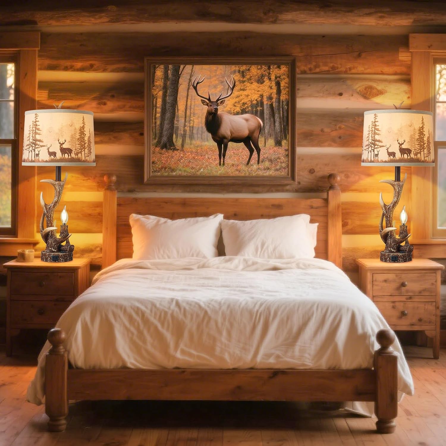2PACK Rustic Antler Table Lamps Included 4 Bulbs for Bedroom, 28'' Farmhouse Antler Table Lamp with Deer Forest Lampshade USB + Type C Ports Decor for Living Room End Table Cabin Office House