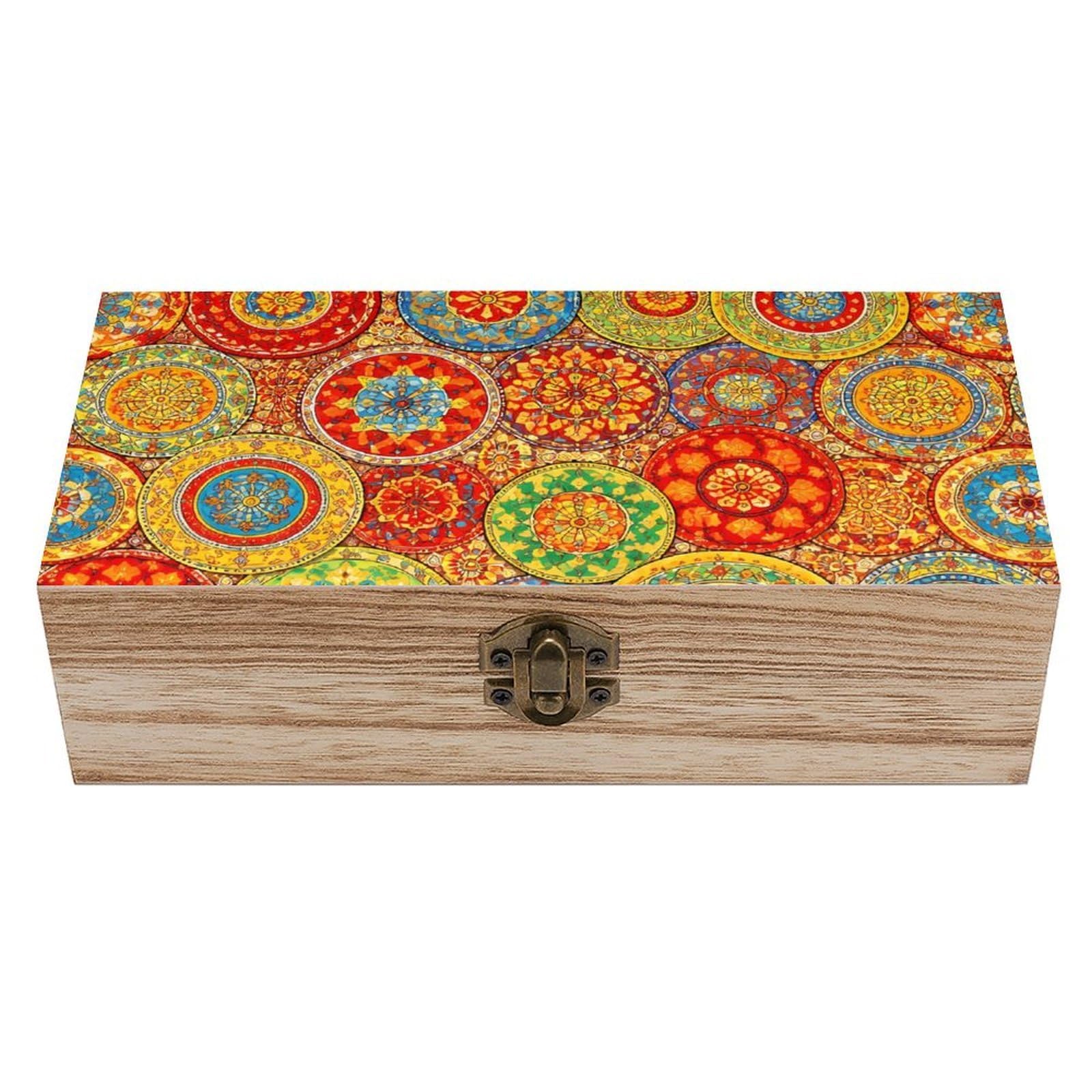 SMAZDFXX Trippy Mandala Flower Gear Wooden Storage Box With Hinged Lid Decorative Front Clasp Keepsake Boxes