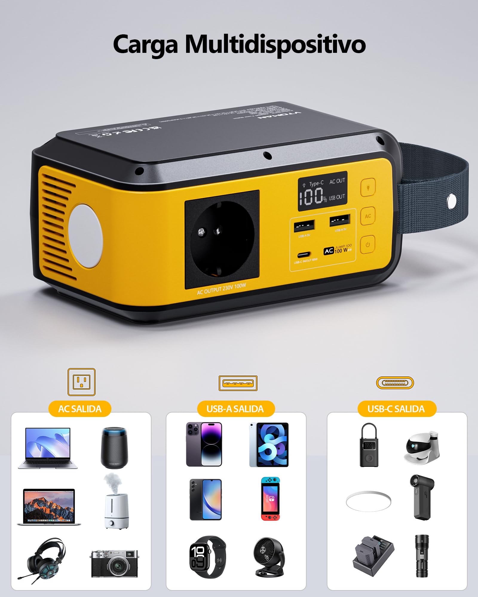 VTOMAN Jump 100 Energía Portátil, 89,6Wh LiFePO4, CA 100W PD 65W | Celdas seguras duraderas, carga múltiple, compacta ligera, camping y emergencias