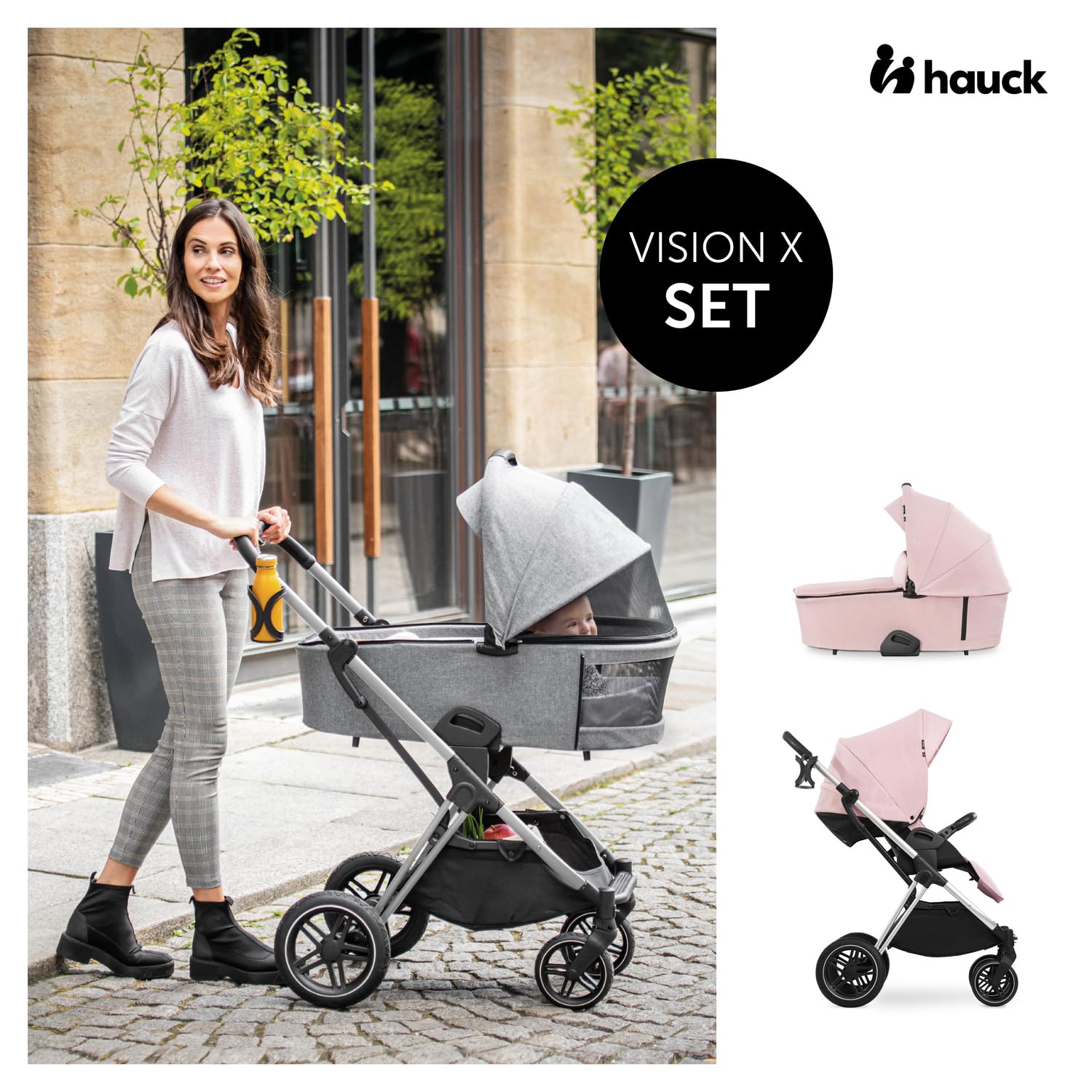 hauck 2 in 1 Kinderwagenset Vision X Set ab Geburt bis 22 kg mit Babywanne, wendbaren Sportsitz mit Beindecke und Liegefunktion, UPF 50+, Gummiräder, Getränkehalter, Zusammenklappbar (Melange Rose)