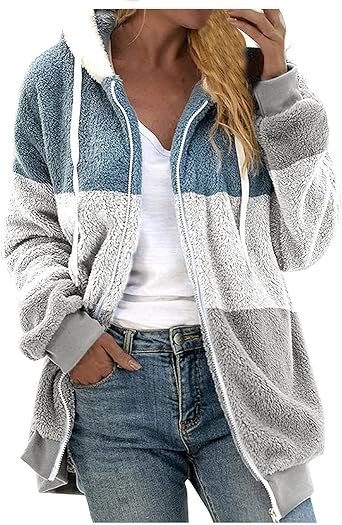 Fuzzy Fleece Jackets for Women Plus Size Hoodies Fall Winter Coats Color Block Patchwork Cardigan Coat with Pockets