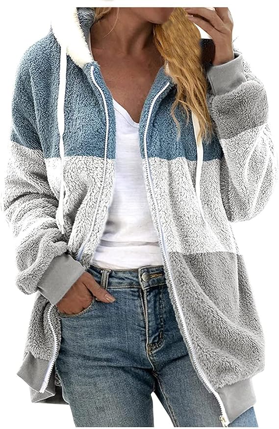 Fuzzy Fleece Jackets for Women Plus Size Hoodies Fall Winter Coats Color Block Patchwork Cardigan Coat with Pockets