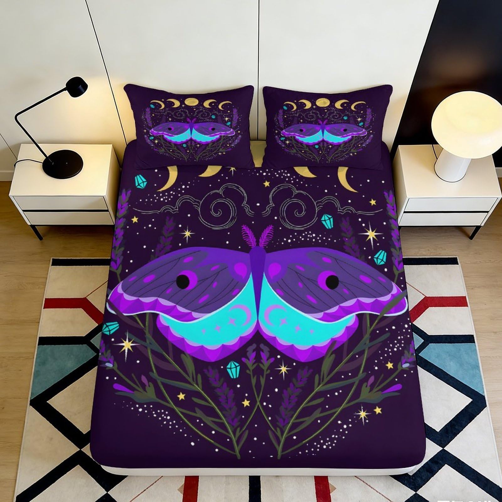 3D Printed Purple Butterfly Fitted Sheet Microfiber Moon Phase Bed Cover Non-slip Easy Care for Bedroom Dorm Guest Room 90x200x25cm