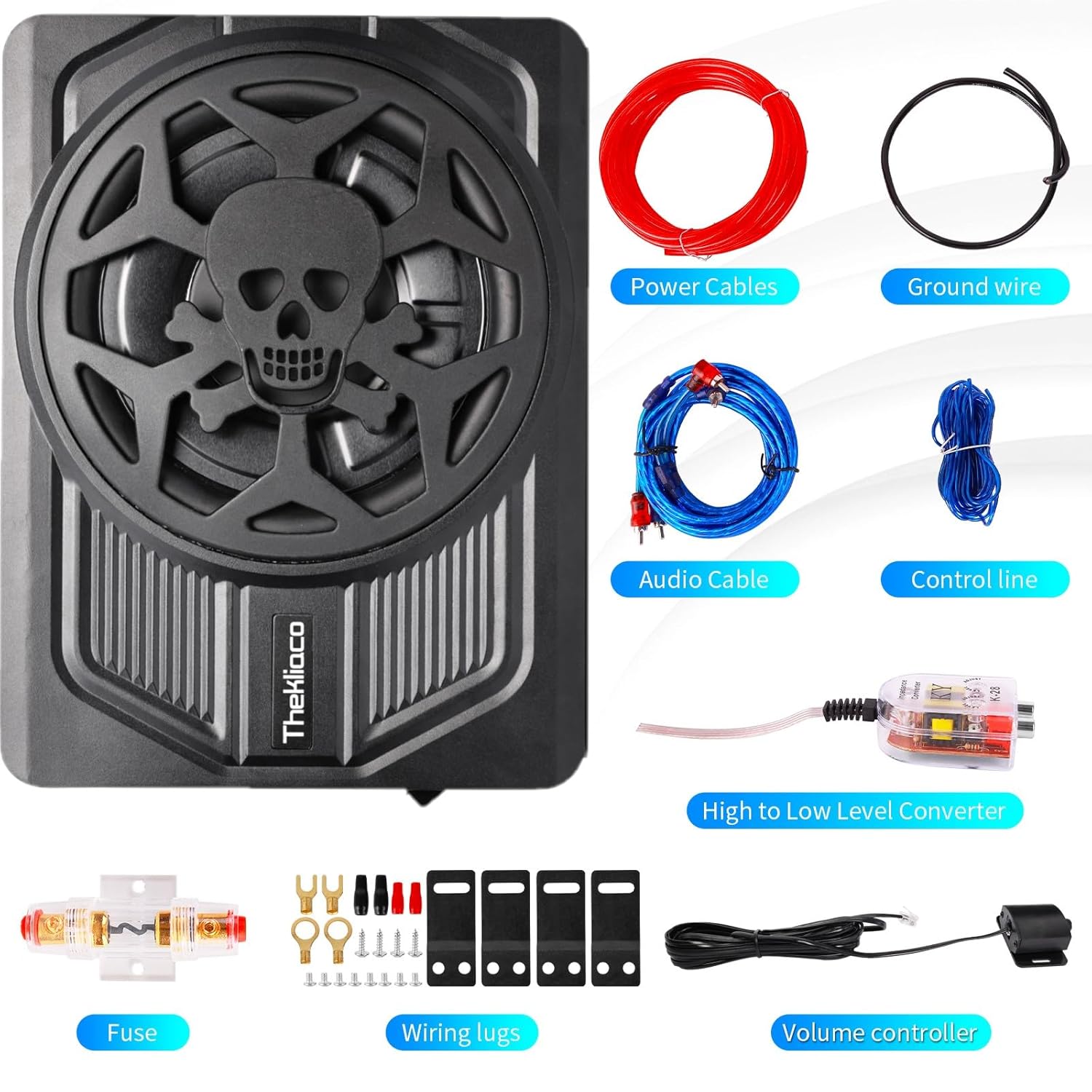 800W Slim Under Seat Powered Car Subwoofer,Built-in Car/Truck Audio Amplifier,Wiring Kit & Multi Colors Ambient Lighting, High & Low Level Input,Remote Control (8" Speaker, 10" Sub)