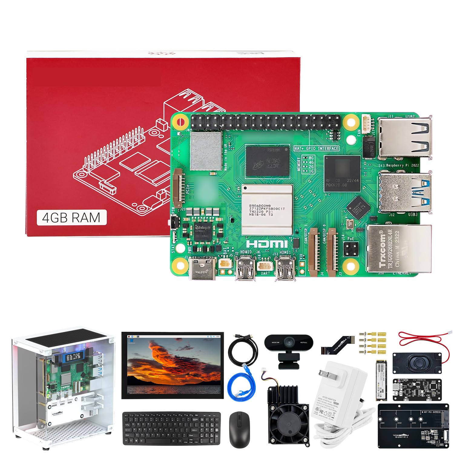 Yahboom Pi 5 4GB RAM Starter Kit with with Keyboard and Mouse, Pi5 270° Panoramic Case, PCIe Expansion Board, USB Camera 27W 5.1V/5A Power Adapter (Pi5 4GB, Ultimate Kit)