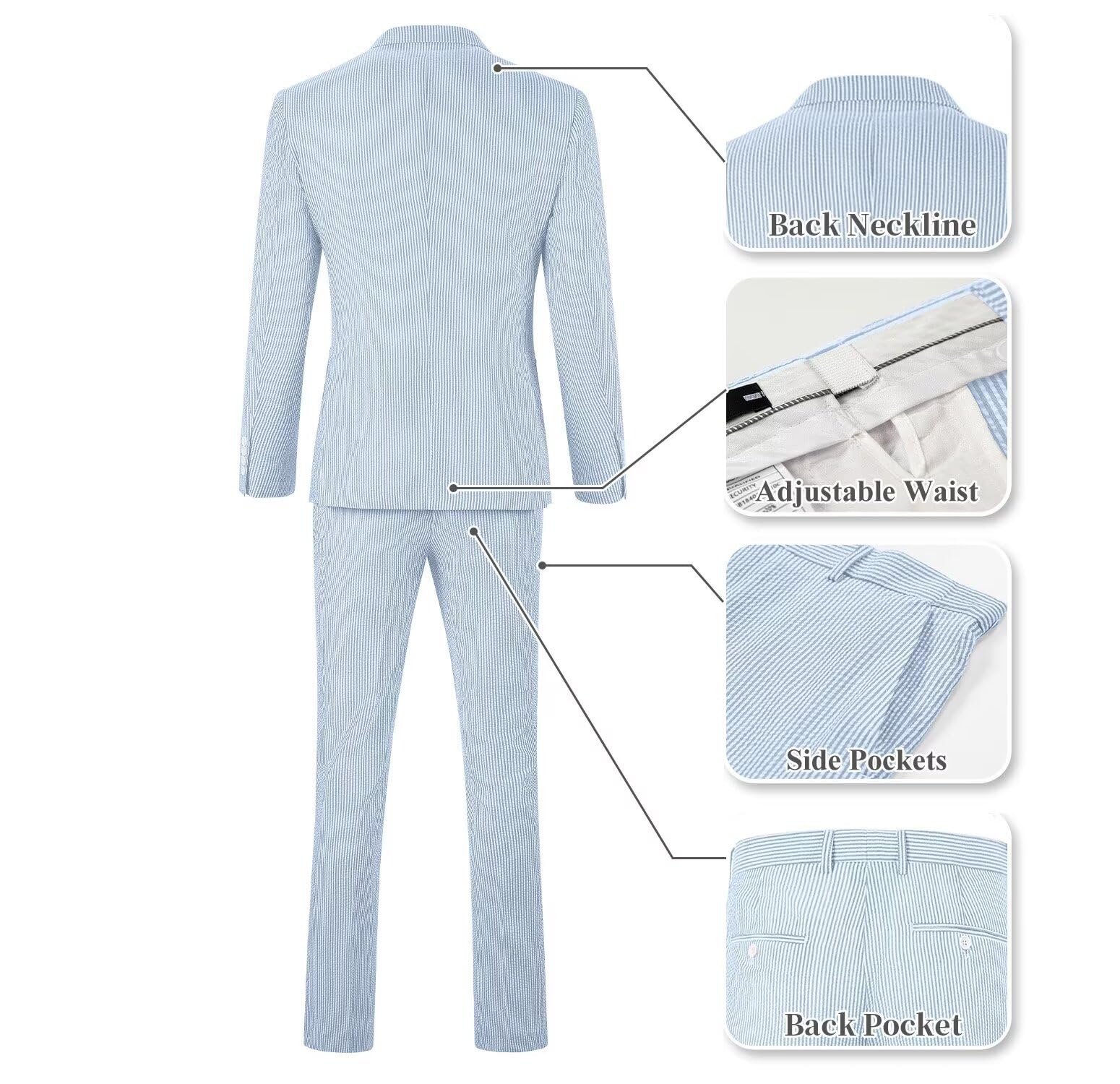 Completo da uomo in seersucker blu, 2 pezzi, per estate, spiaggia, matrimonio, sposo, abito a righe, con blazer e pantaloni, set leggero traspirante
