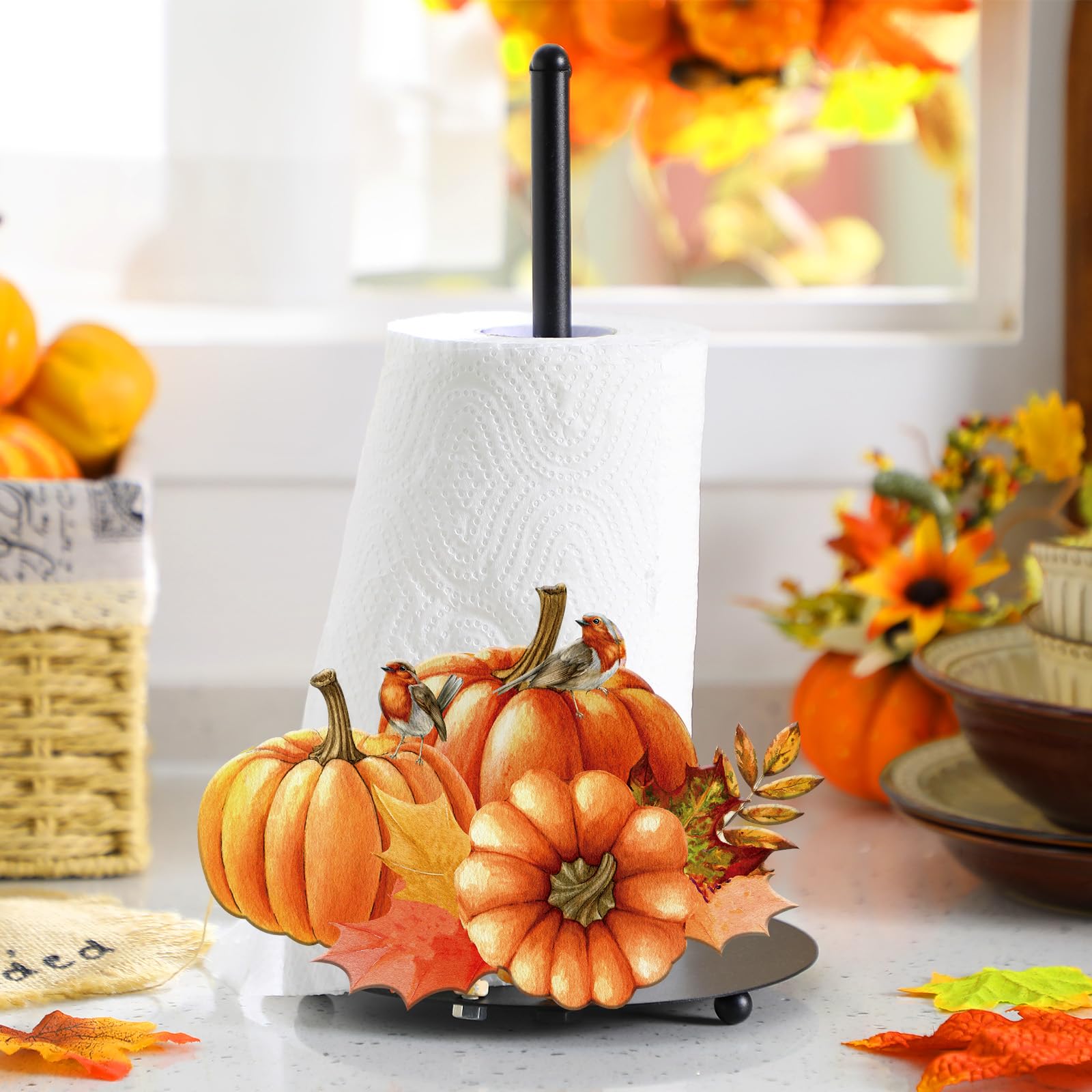 Soporte para toallas de papel, decoración de cocina y accesorios de metal negro, soporte de pañuelos grande, regalo para mujeres, mamá, abuela, patrón de pintura a mano 3D, base pesada 7